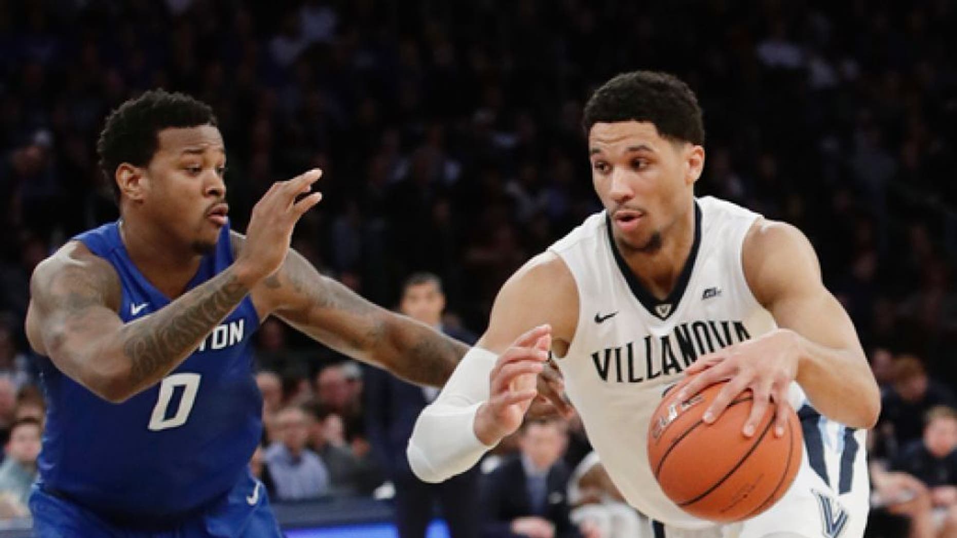FILE - In this March 11, 2017, file photo, Villanova's Josh Hart (3) drives past Creighton's Marcus Foster (0) during the first half of an NCAA college basketball game in the final of the Big East men's tournament in New York. Villanova, the defending tournament champion, plays Mount St. Mary's in the first round this year. (AP Photo/Frank Franklin II, File)