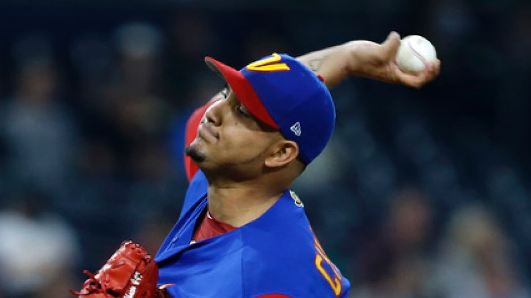 Venezuela pitcher Jhoulys Chacin throws against the Dominican Republic during the first inning of a second-round World Baseball Classic game in San Diego, Thursday, March 16, 2017. (AP Photo/Alex Gallardo)