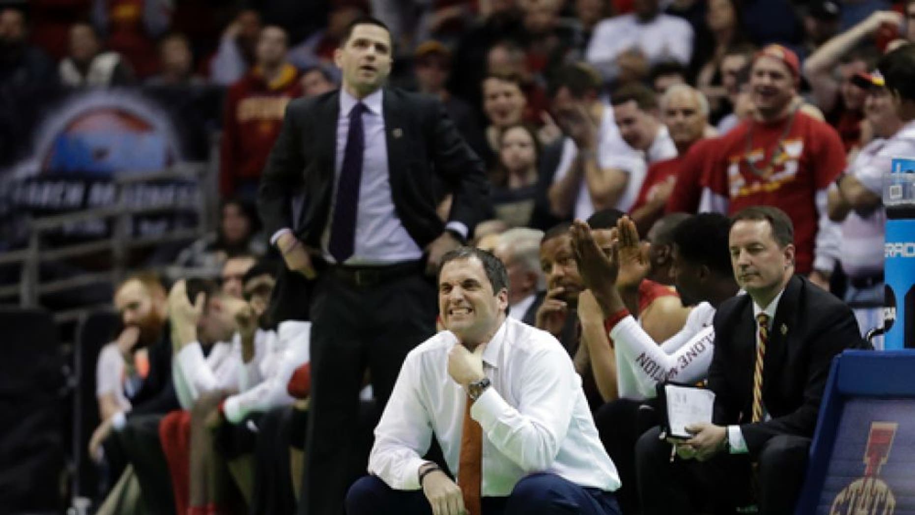 Iowa State head coach Steve Prohm reacts to a play during the second half of an NCAA college basketball tournament second-round game against Purdue Saturday, March 18, 2017, in Milwaukee. (AP Photo/Morry Gash)