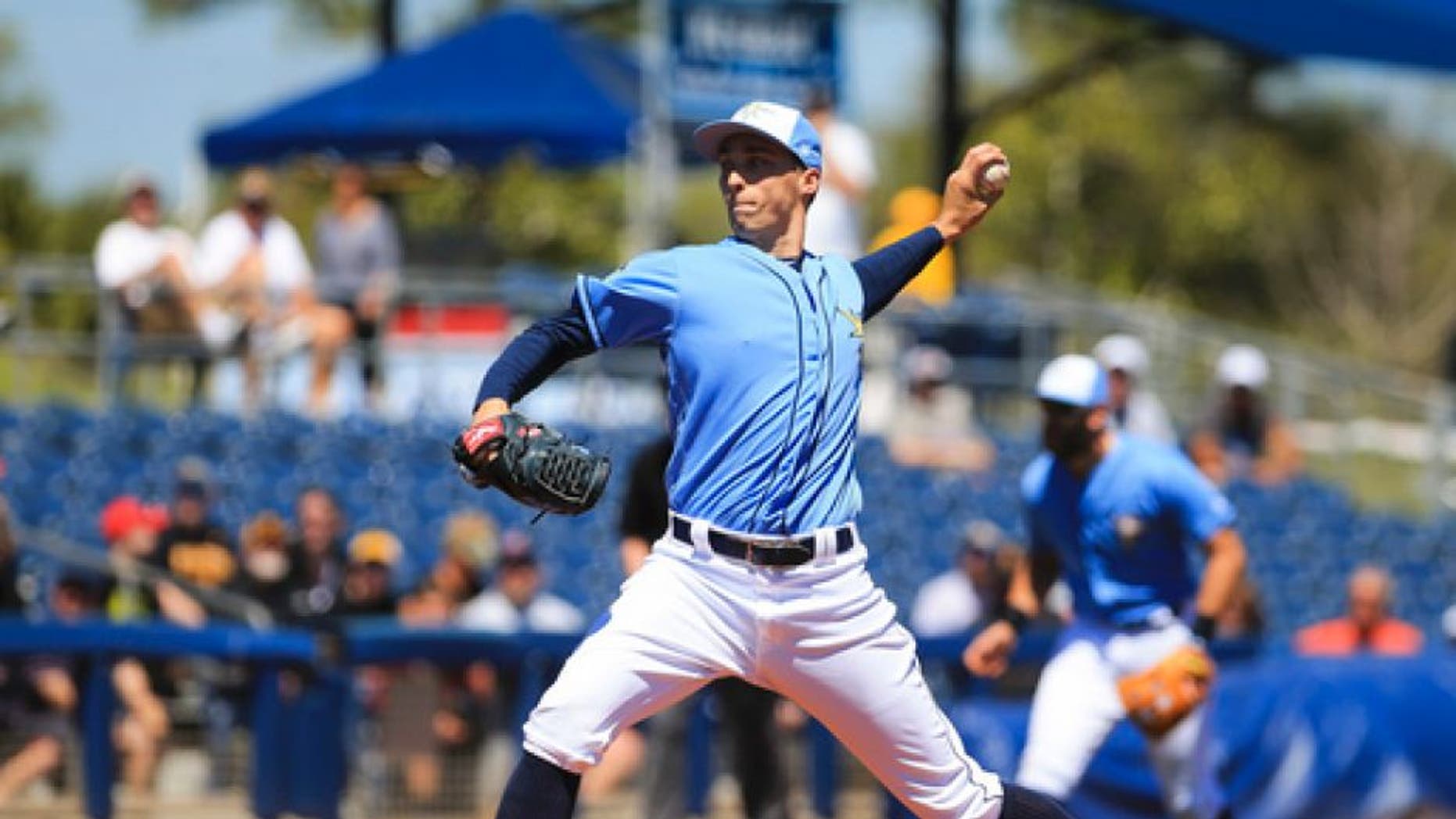 Tampa Bay Rays starting pitcher Blake Snell throws during the first inning against the Pittsburgh Pirates in a spring training baseball game in Port Charlotte, Fla., Monday, March 20, 2017. (Will Vragovic/The Tampa Bay Times via AP)