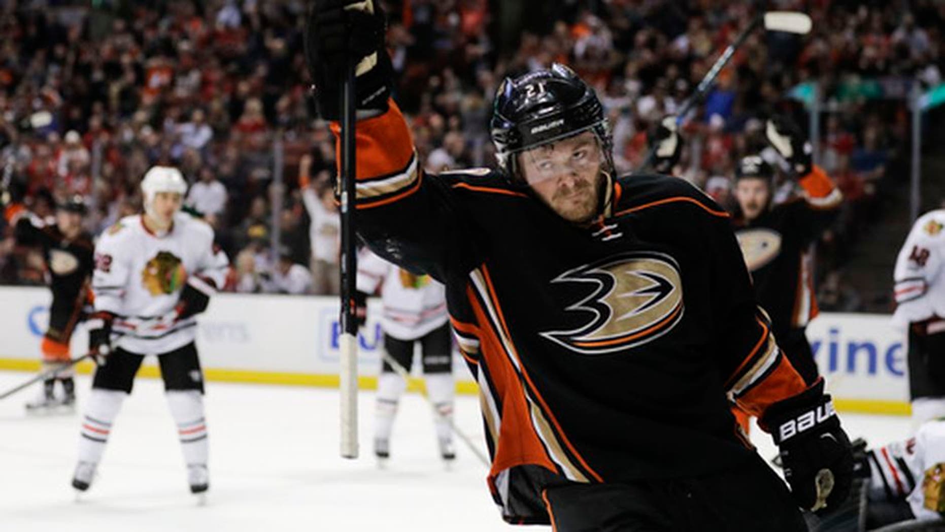 Anaheim Ducks' Chris Wagner celebrates his goal against the Chicago Blackhawks during the second period of an NHL hockey game Thursday, April 6, 2017, in Anaheim, Calif. (AP Photo/Jae C. Hong)