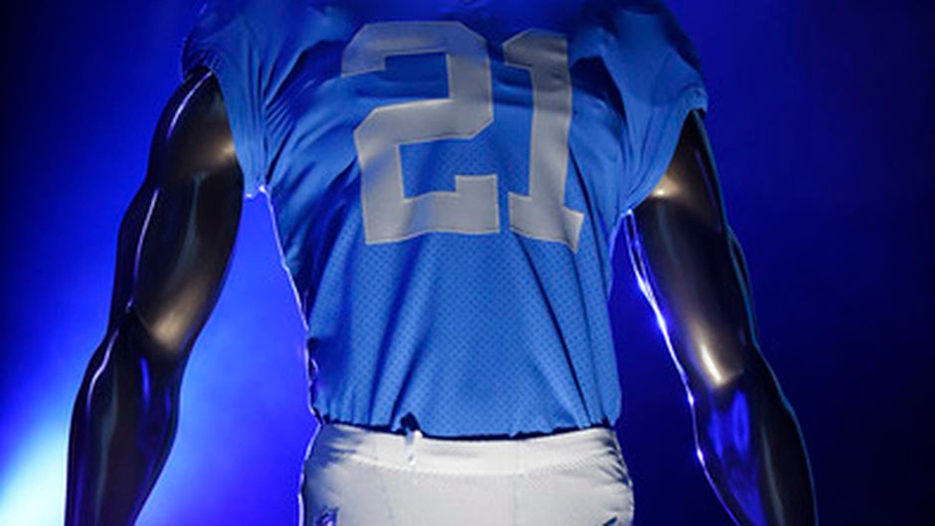 One of four new Detroit Lions uniforms is displayed at Ford Field in Detroit on Thursday, April 13, 2017. (Clarence Tabb Jr./The Detroit News via AP)