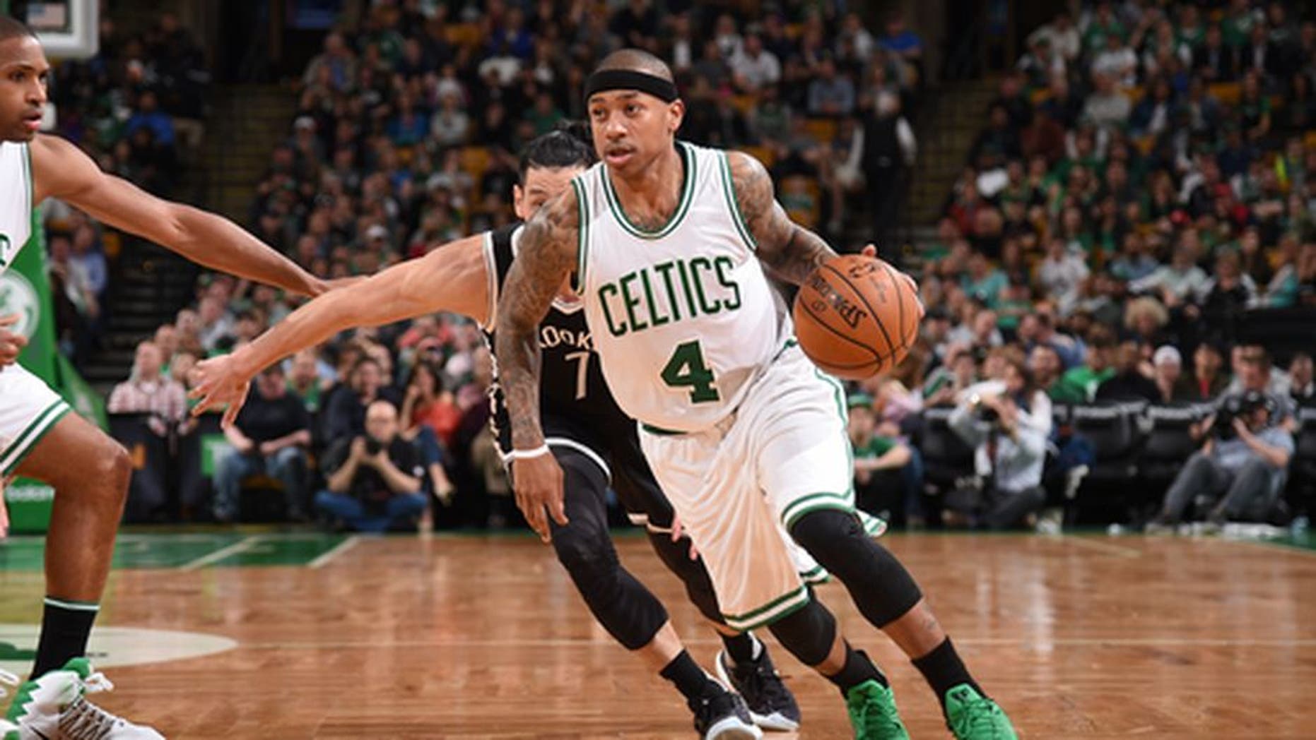 BOSTON, MA - APRIL 10: Isaiah Thomas #4 of the Boston Celtics handles the ball against the Brooklyn Nets on April 10, 2017 at the TD Garden in Boston, Massachusetts. NOTE TO USER: User expressly acknowledges and agrees that, by downloading and or using this photograph, User is consenting to the terms and conditions of the Getty Images License Agreement. Mandatory Copyright Notice: Copyright 2017 NBAE (Photo by Brian Babineau/NBAE via Getty Images)