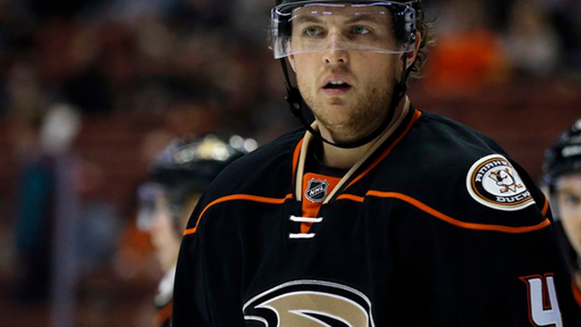 This Dec. 11, 2016 photo shows Anaheim Ducks defenseman Cam Fowler (4) looking over during a time out in action during the first period of an NHL hockey game against the Ottawa Senators in Anaheim, Calif. Fowler has returned to practice with the Ducks nearly three weeks after a knee injury, and the All-Star defenseman could be on target to return to their lineup for their second-round playoff opener against Edmonton. (AP Photo/Alex Gallardo)