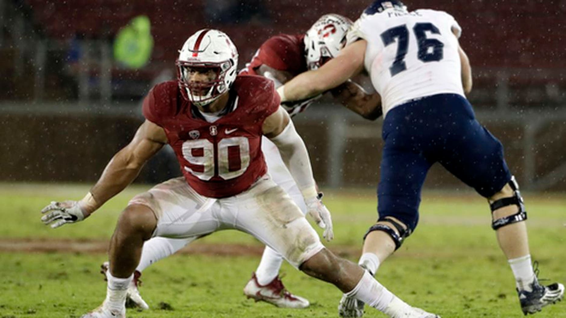 FILE - In this Nov. 26, 2016, file photo, Stanford defensive end Solomon Thomas (90) during an NCAA college football game against Rice, in Stanford, Calif. Thomas is a possible first round pick in the NFL Draft in Philadelphia on Thursday, April 27, 2017.(AP Photo/Marcio Jose Sanchez, FIle)