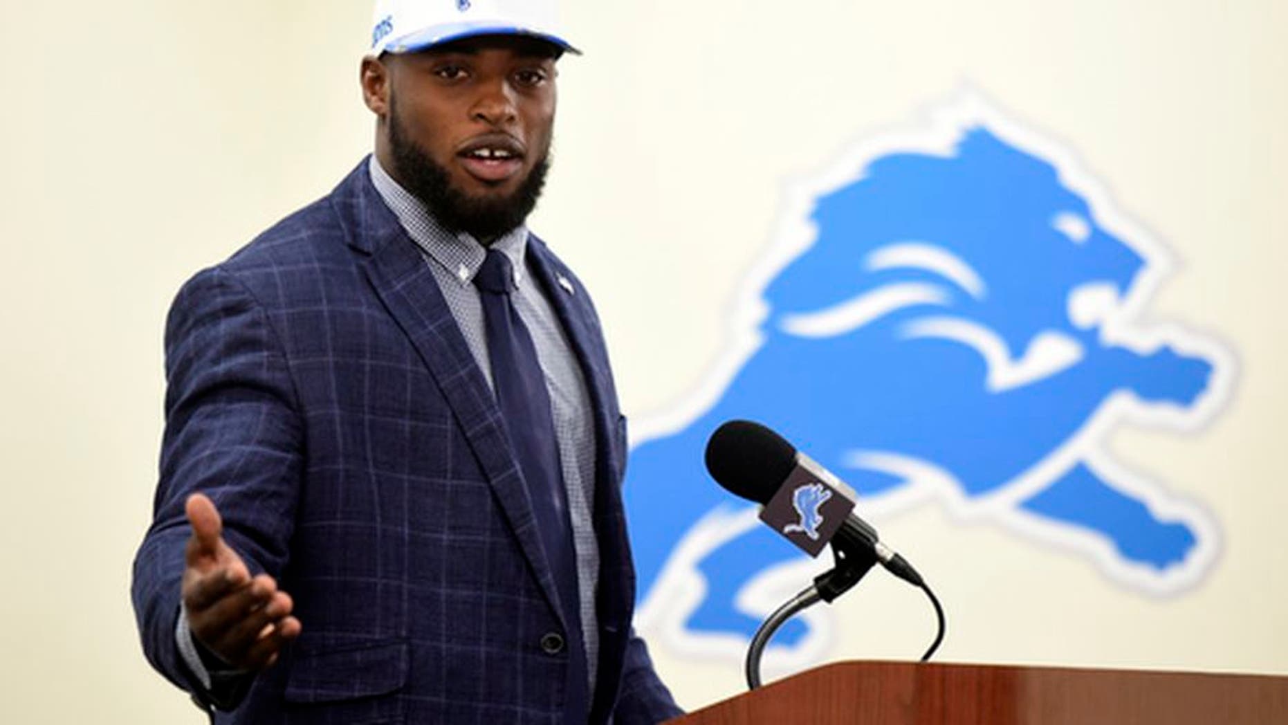 Jarrad Davis, the Detroit Lions first round draft pick, is introduced at an NFL football press conference, Friday, April 28, 2017, in Allen Park, Mich. Davis, a linebacker at Florida, was selected 21st overall. (Daniel Mears/Detroit News via AP)