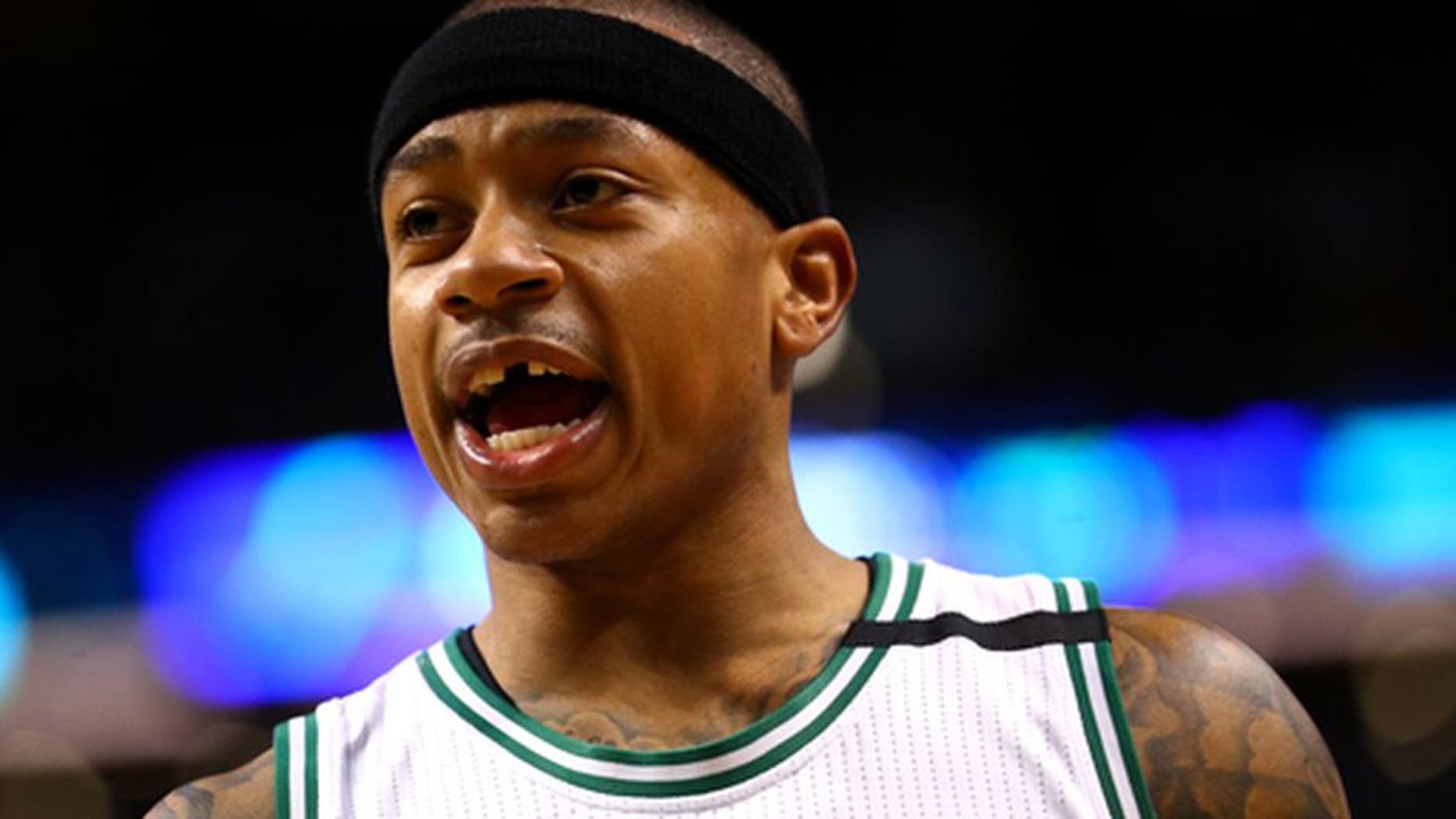 BOSTON, MA - APRIL 30: Isaiah Thomas #4 of the Boston Celtics reacts during the second quarter of Game One of the Eastern Conference Semifinals against the Washington Wizards at TD Garden on April 30, 2017 in Boston, Massachusetts. Thomas lost his front tooth after colliding with Otto Porter Jr. #22. NOTE TO USER: User expressly acknowledges and agrees that, by downloading and or using this Photograph, user is consenting to the terms and conditions of the Getty Images License Agreement. (Photo by Maddie Meyer/Getty Images)