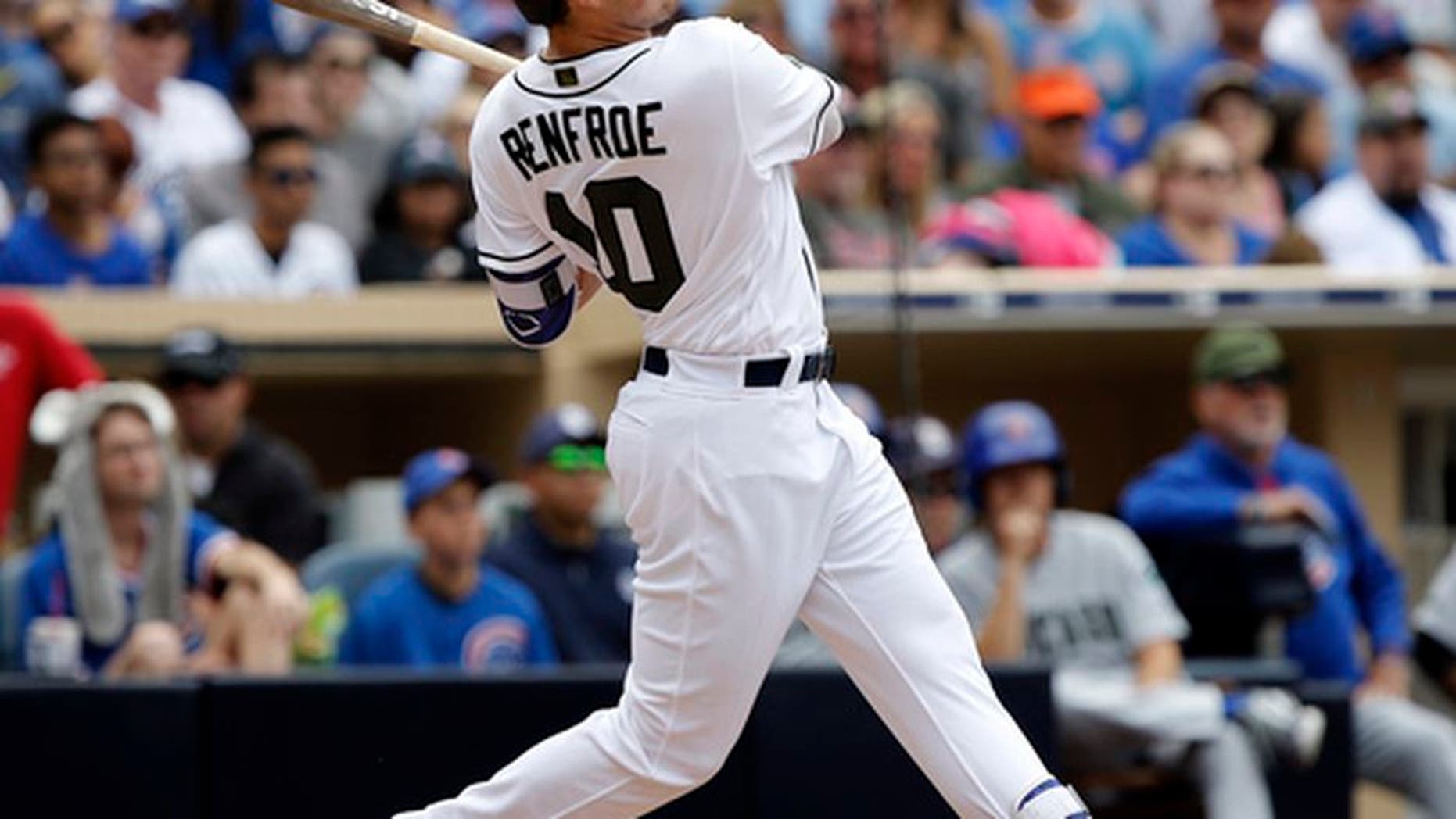 San Diego Padres' Hunter Renfroe hits a grand slam against the Chicago Cubs during the fourth inning of a baseball game in San Diego, Monday, May 29, 2017. (AP Photo/Alex Gallardo)