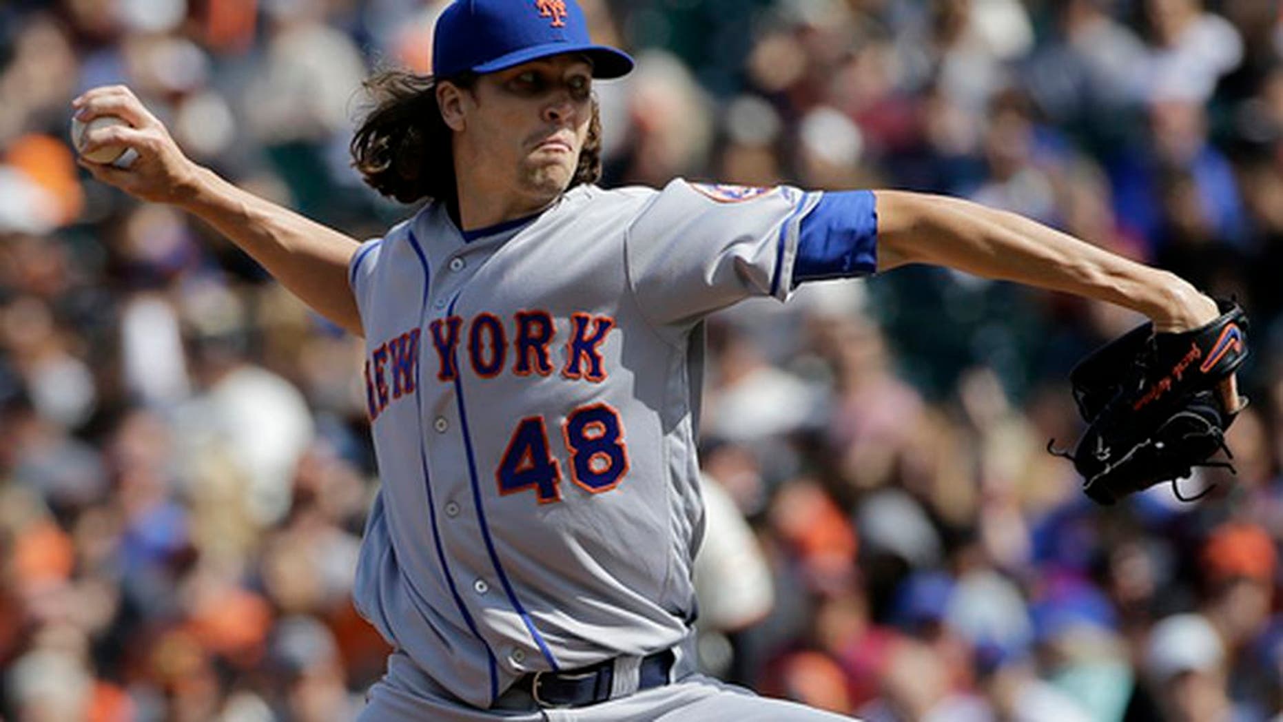 New York Mets pitcher Jacob deGrom (48) throws against the San Francisco Giants during the first inning of a baseball game in San Francisco, Saturday, June 24, 2017. (AP Photo/Jeff Chiu)
