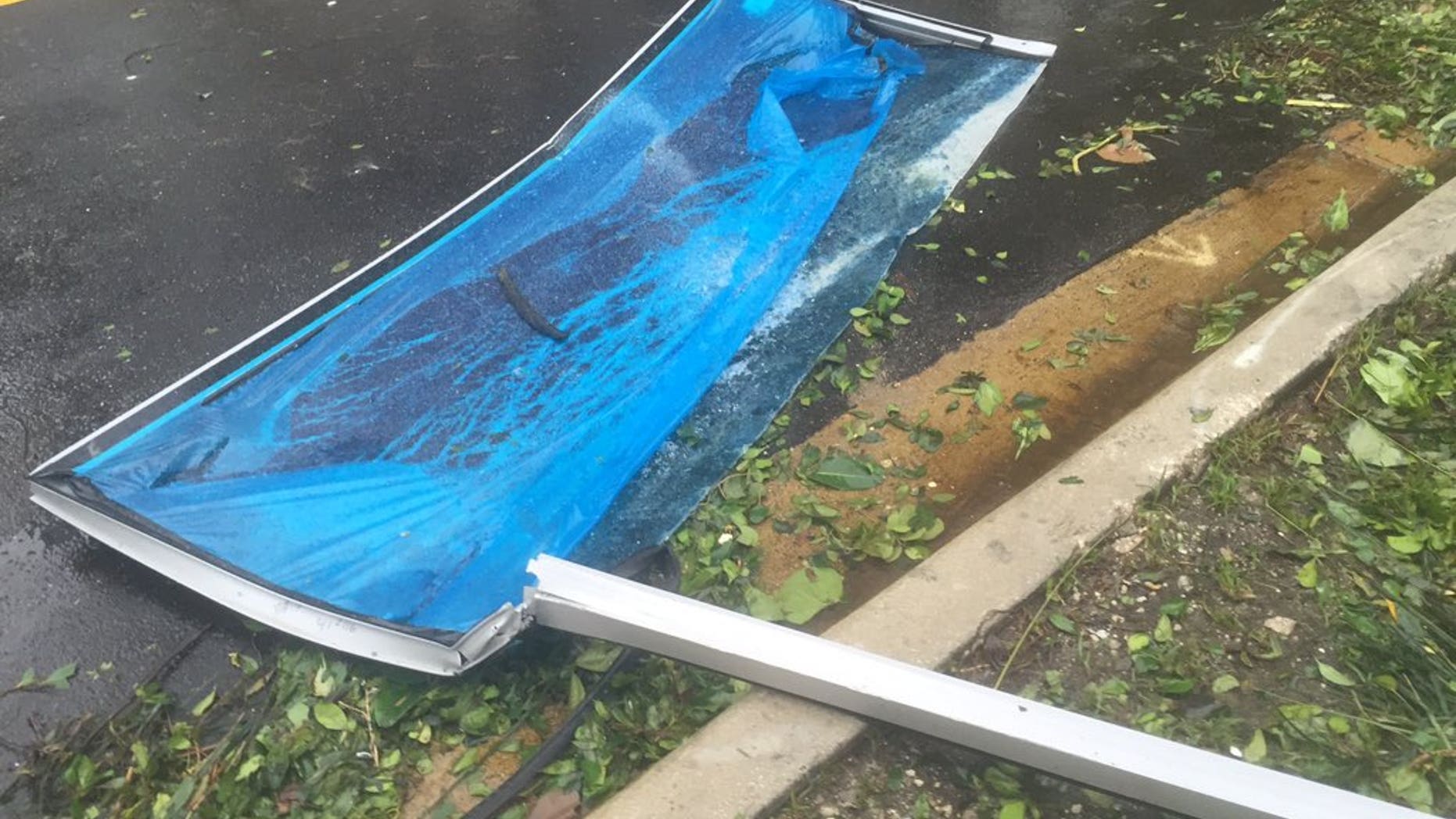 Glass panels fell from a high-rise building in Miami on Sunday after Hurricane Irma pushed its way through the city.