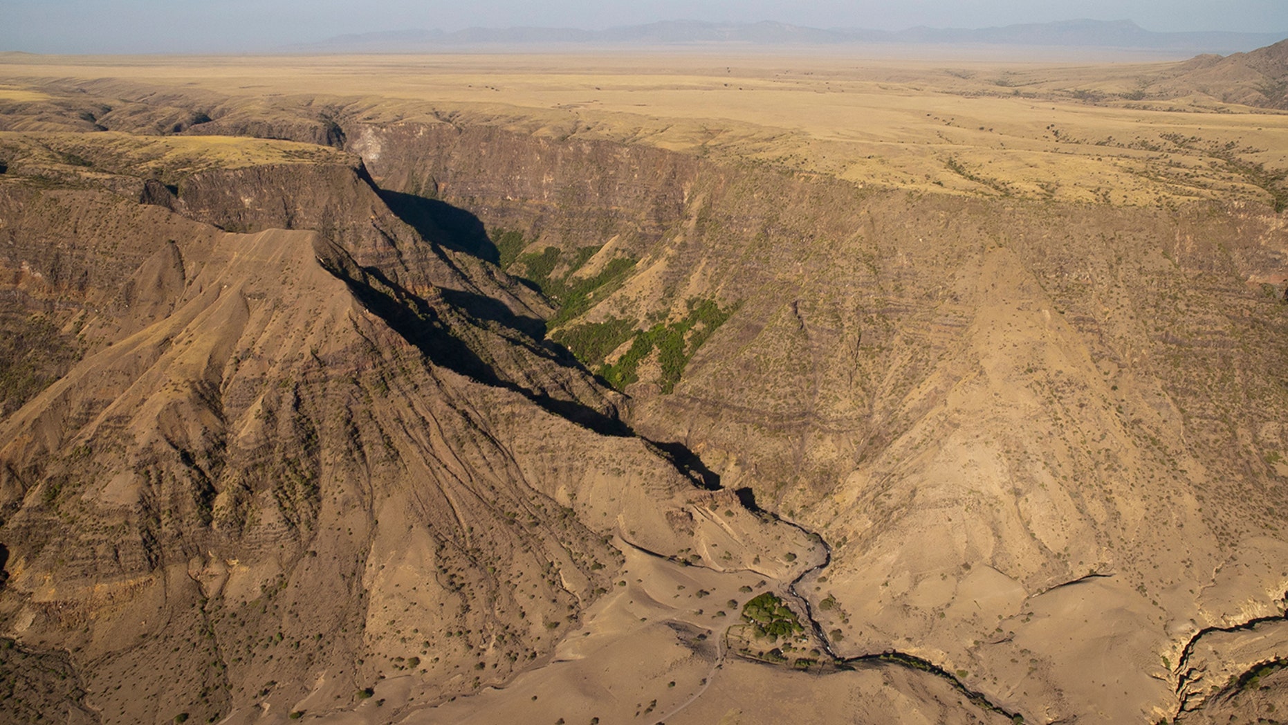 A bird's-eye view of a gorge in the East African Rift at Engaruka, Tanzania.