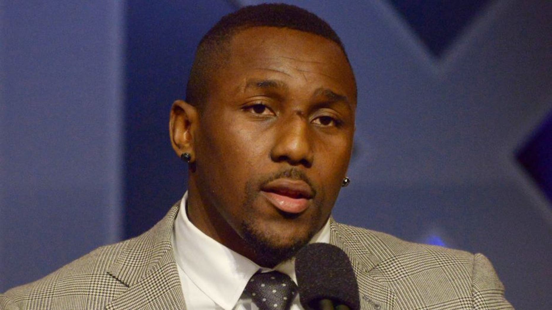 Jan 30, 2015; Phoenix, AZ, USA; Carolina Panthers linebacker Thomas Davis speaks during the Walter Payton man of the year press conference at the Phoenix Convention Center. Mandatory Credit: Kirby Lee-USA TODAY Sports