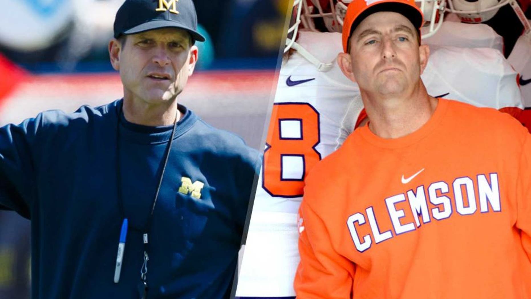 Apr 4, 2015; Ann Arbor, MI, USA; Michigan Wolverines head coach Jim Harbaugh is seen during the Spring football game at Michigan Stadium. Mandatory Credit: Rick Osentoski-USA TODAY Sports Oct 31, 2015; Raleigh, NC, USA;Clemson Tigers head coach Dabo Swinney (center) prepares to lead his team onto the field prior to the first half against the North Carolina State Wolfpack at Carter Finley Stadium. Mandatory Credit: Rob Kinnan-USA TODAY Sports
