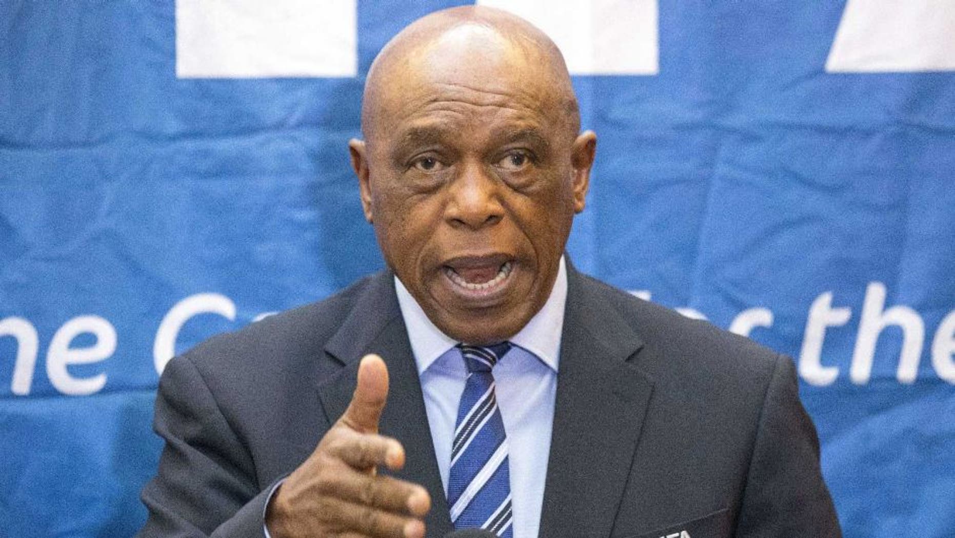 Chairman of the FIFA monitoring committee for Israel and Palestine, Tokyo Sexwale, speaks during a press conference in the Israeli Mediterranean coastal city of Tel Aviv, on October 2, 2015. Sexwale attended his first meeting in the Middle East following an initial meeting in Zurich with representatives from Israel and Palestine who confirmed their will to advance dialogue, an invitation from FIFA said. AFP PHOTO / JACK GUEZ (Photo credit should read JACK GUEZ/AFP/Getty Images)