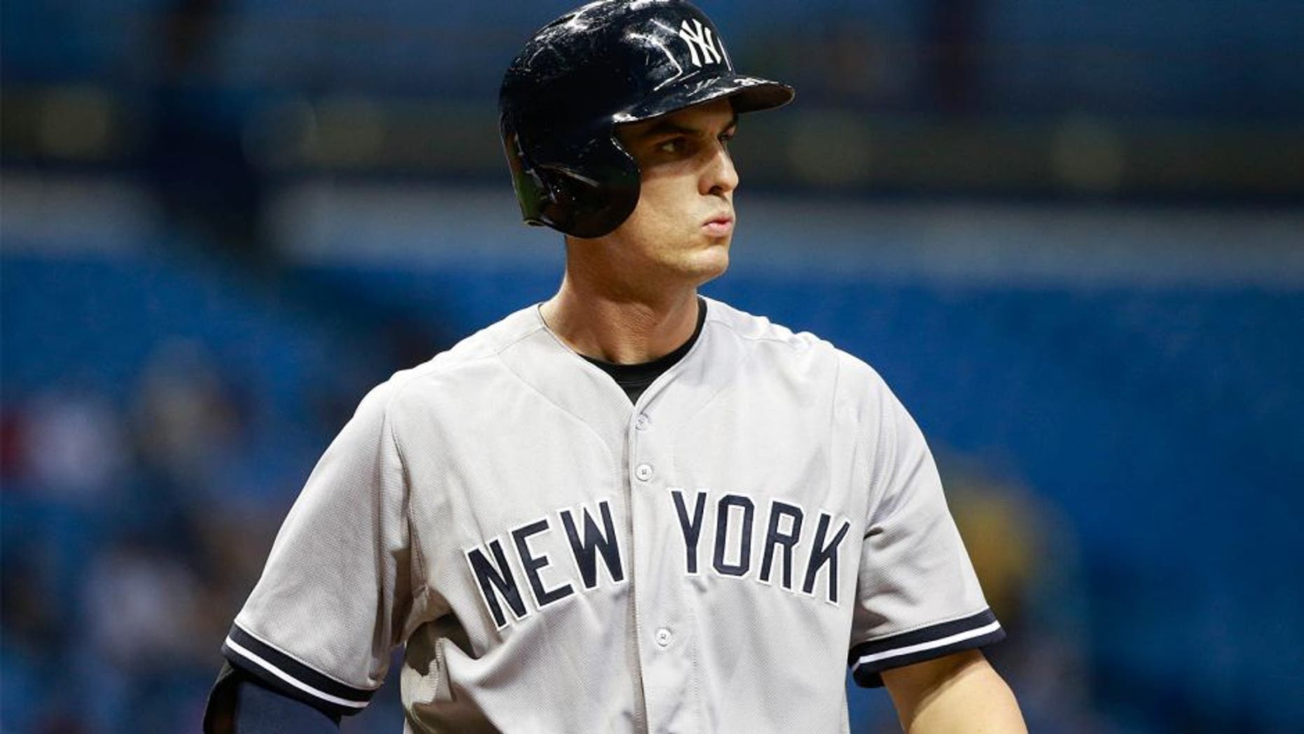 Sep 14, 2015; St. Petersburg, FL, USA; New York Yankees first baseman Greg Bird (31) at bat at Tropicana Field. Mandatory Credit: Kim Klement-USA TODAY Sports