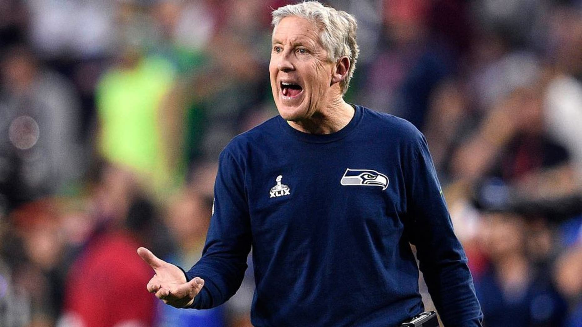 Feb 1, 2015; Glendale, AZ, USA; Seattle Seahawks head coach Pete Carroll during the second quarter against the New England Patriots in Super Bowl XLIX at University of Phoenix Stadium. Mandatory Credit: Kyle Terada-USA TODAY Sports