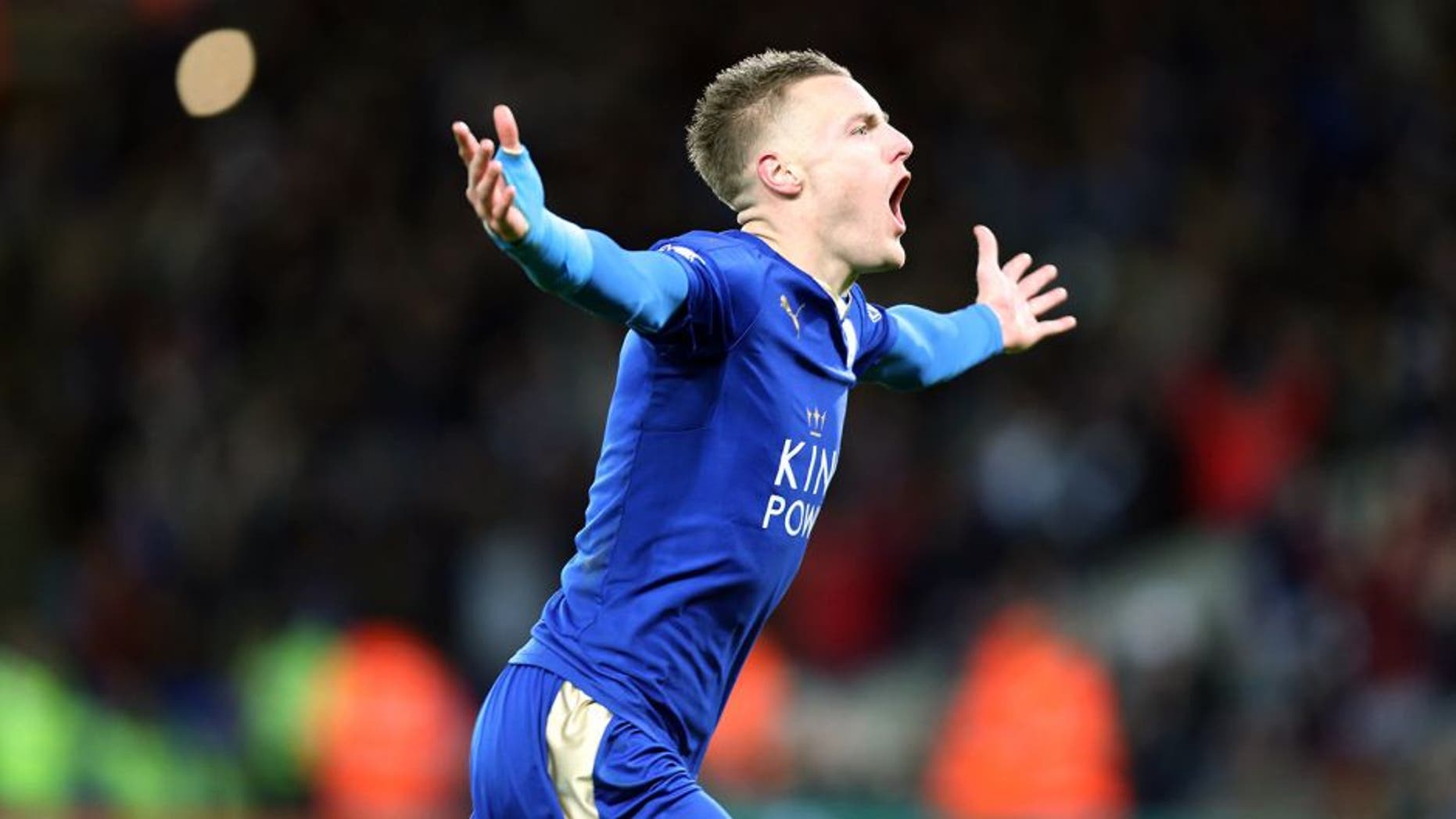 LEICESTER, ENGLAND - FEBRUARY 02 : Jamie Vardy of Leicester City celebrates after scoring to make it 1-0 during the Barclays Premier League match between Leicester City and Liverpool at the King Power Stadium on February 02 , 2016 in Leicester, United Kingdom. (Photo by Plumb Images/Leicester City FC via Getty Images)