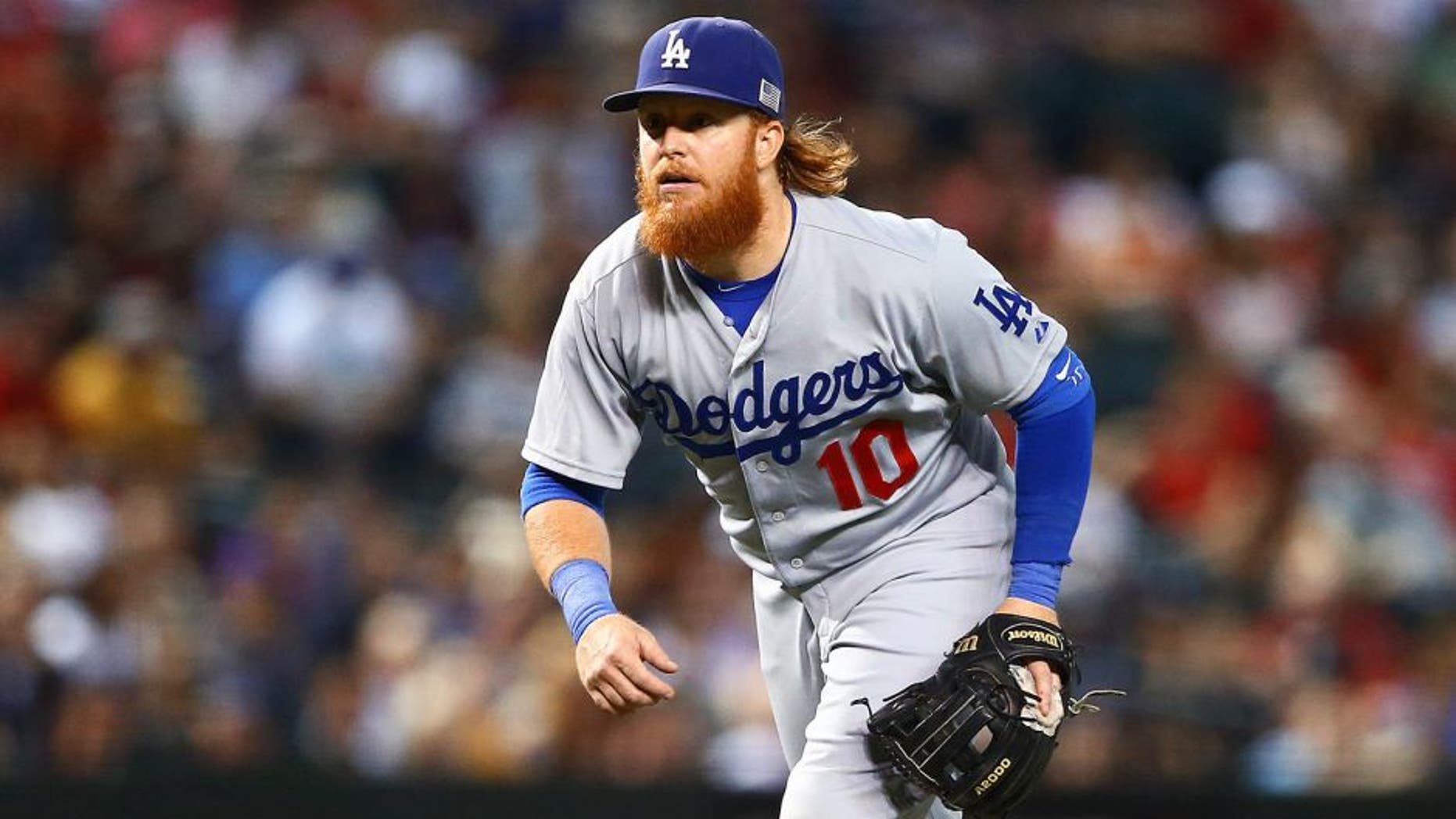 Sep 11, 2015; Phoenix, AZ, USA; Los Angeles Dodgers third baseman Justin Turner against the Arizona Diamondbacks at Chase Field. Mandatory Credit: Mark J. Rebilas-USA TODAY Sports