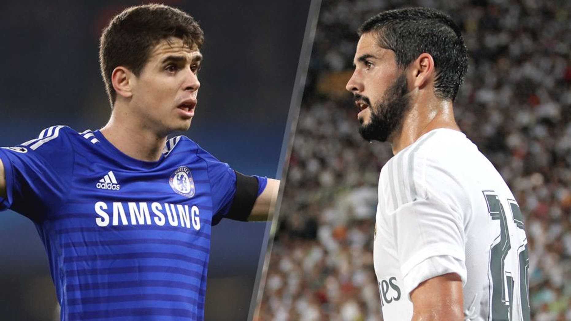 L - LONDON, ENGLAND - MARCH 11: Oscar of Chelsea reacts during the UEFA Champions League Round of 16, second leg match between Chelsea FC and Paris Saint-Germain FC at Stamford Bridge stadium on March 11, 2015 in London, England. (Photo by Jean Catuffe/Getty Images) R - GUANGZHOU, CHINA - JULY 27: Isco of Real Madrid looks on during the International Champions Cup China 2015 match between Real Madrid and FC Internazionale at Tianhe Stadium on July 27, 2015 in Guangzhou, China. (Photo by Zhong Zhi/Getty Images)
