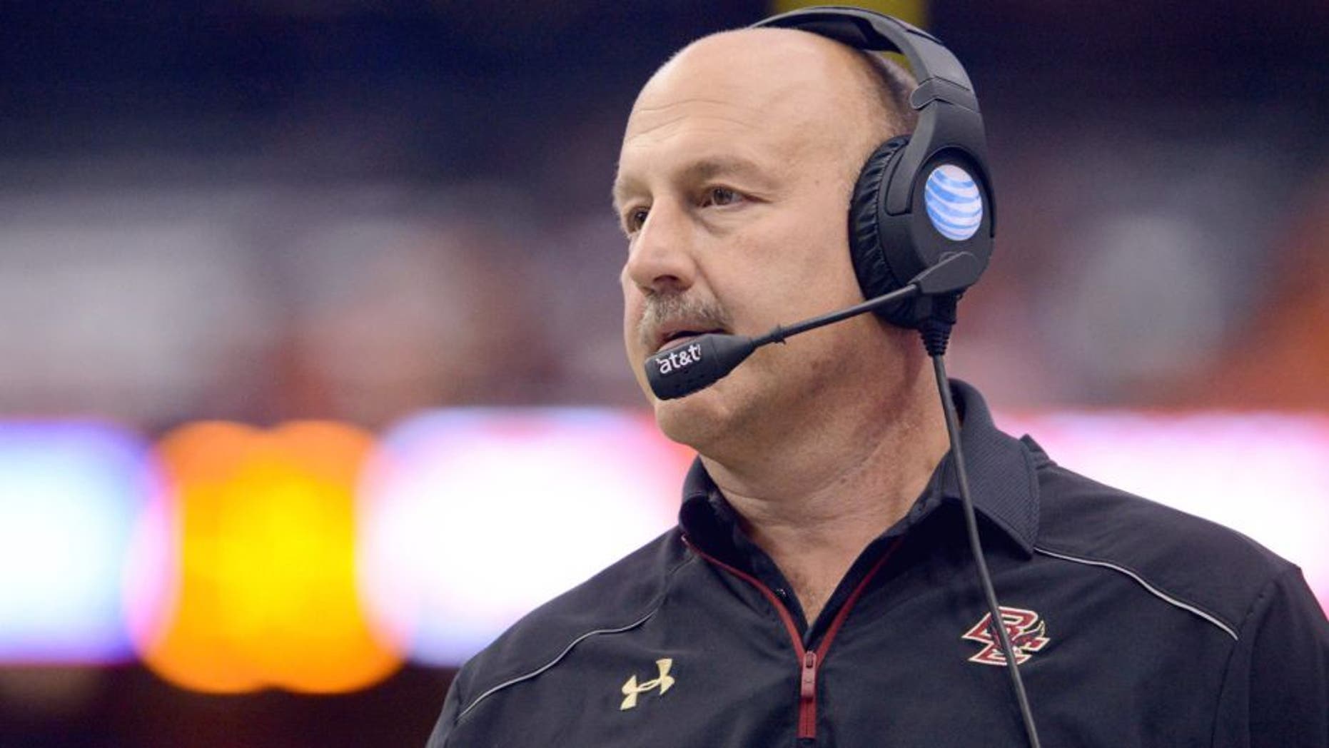Nov 28, 2015; Syracuse, NY, USA; Boston College Eagles head coach Steve Addazio watches the action during the second quarter of a game against the Syracuse Orange at the Carrier Dome. Syracuse won 20-17. Mandatory Credit: Mark Konezny-USA TODAY Sports