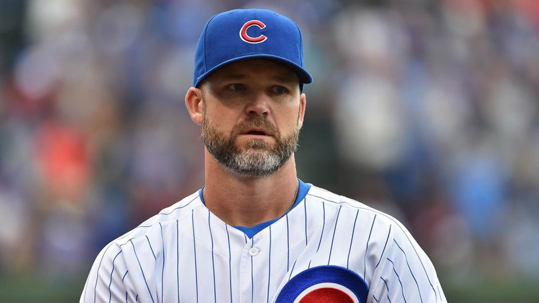 Sep 19, 2015; Chicago, IL, USA; Chicago Cubs catcher David Ross (3) before the game between the Chicago Cubs and the St. Louis Cardinals at Wrigley Field. Mandatory Credit: Jasen Vinlove-USA TODAY Sports