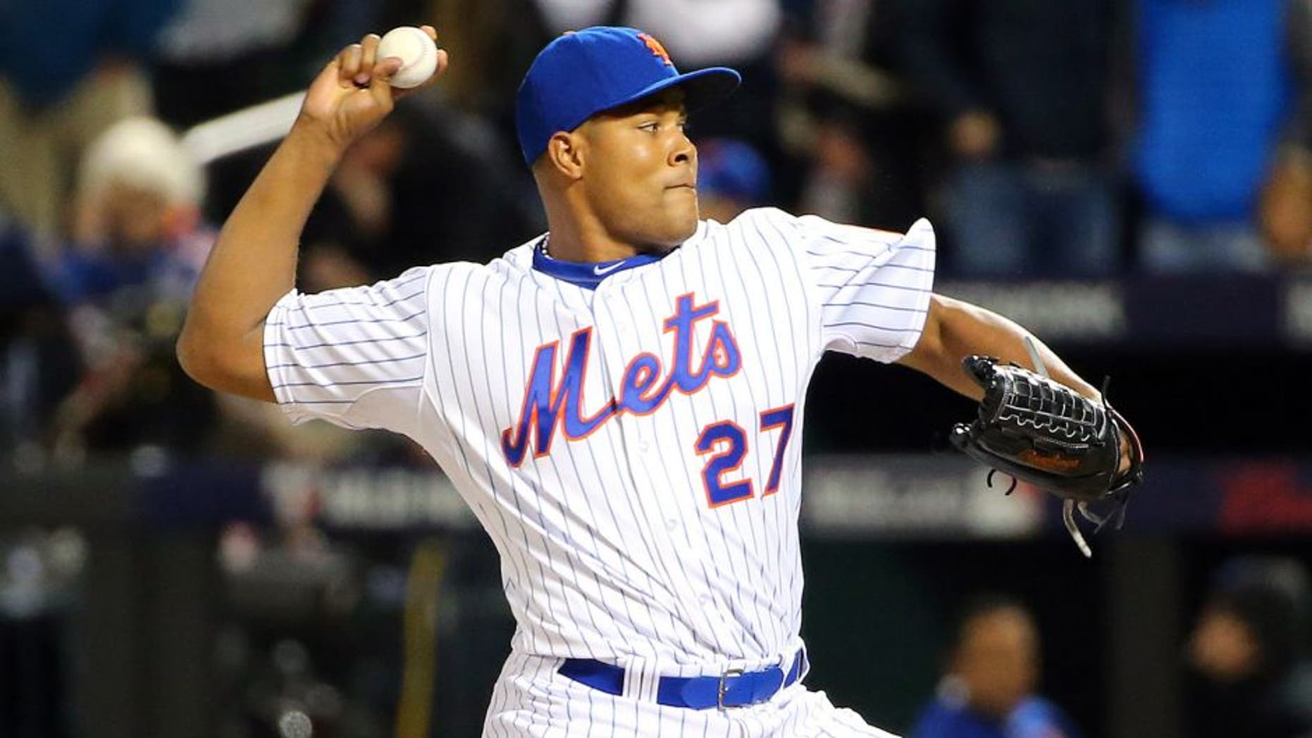 Oct 30, 2015; New York City, NY, USA; New York Mets relief pitcher Jeurys Familia throws a pitch against the Kansas City Royals in the 9th inning in game three of the World Series at Citi Field. Mandatory Credit: Anthony Gruppuso-USA TODAY Sports