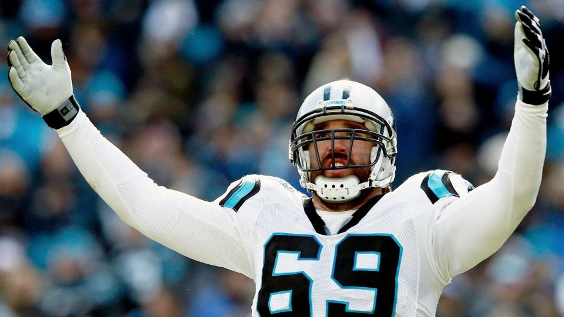 CHARLOTTE, NC - JANUARY 17: Jared Allen #69 of the Carolina Panthers celebrates during the second quarter of the NFC Divisional Playoff Game against the Seattle Seahawks at Bank of America Stadium on January 17, 2016 in Charlotte, North Carolina. (Photo by Jamie Squire/Getty Images)