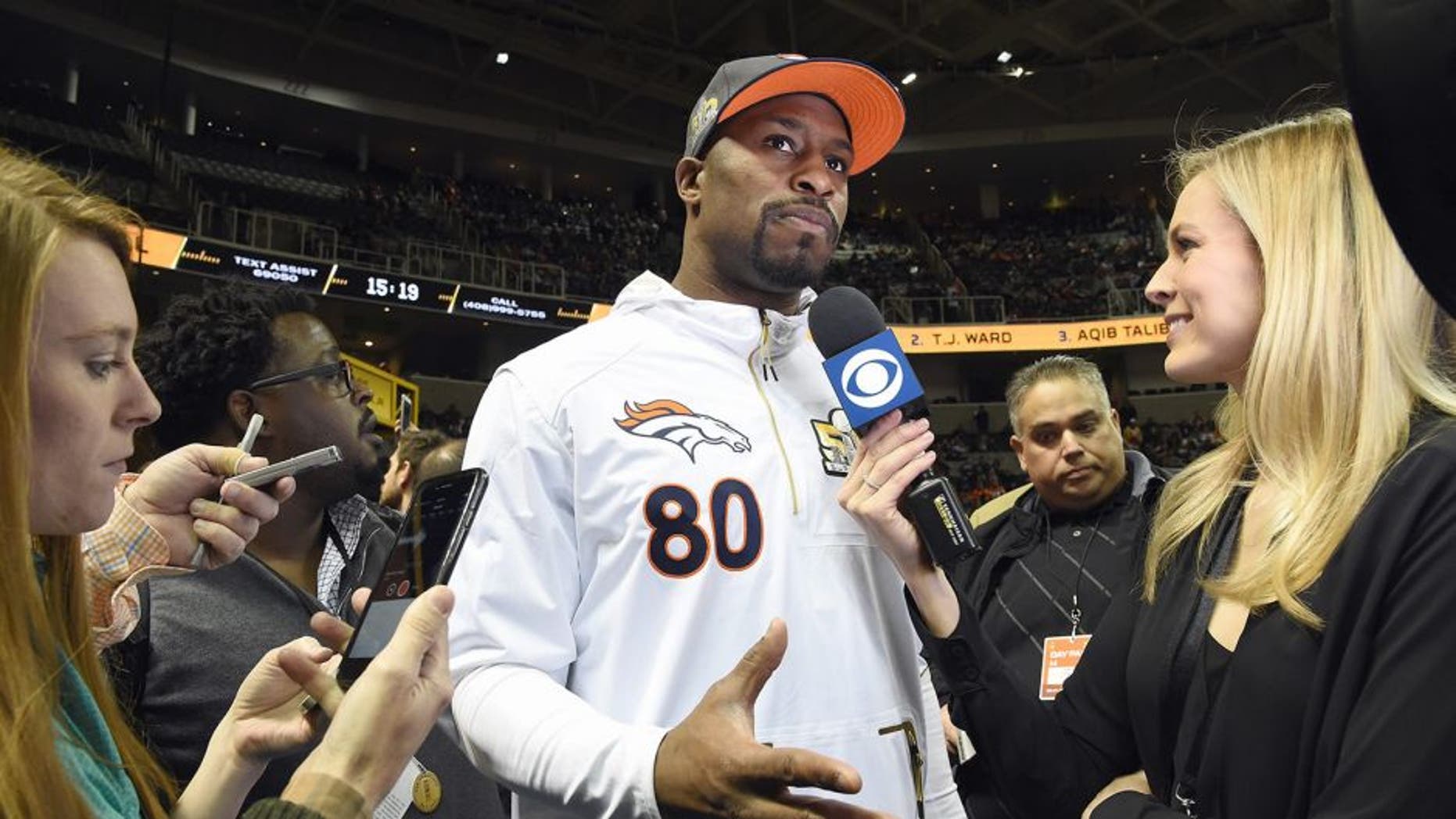 SAN JOSE, CA - FEBRUARY 01: Vernon Davis #80 of the Denver Broncos addresses the media at Super Bowl Opening Night Fueled by Gatorade at SAP Center on February 1, 2016 in San Jose, California. (Photo by Thearon W. Henderson/Getty Images)