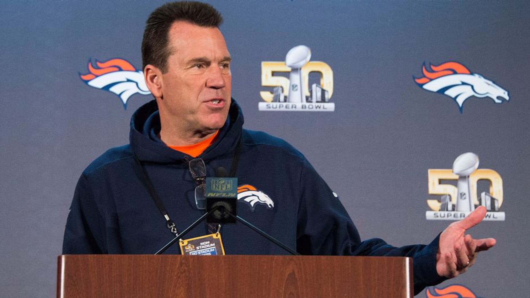February 2, 2016; Santa Clara, CA, USA; Denver Broncos head coach Gary Kubiak addresses the media during a press conference prior to Super Bowl 50 at Santa Clara Marriott. Mandatory Credit: Kyle Terada-USA TODAY Sports