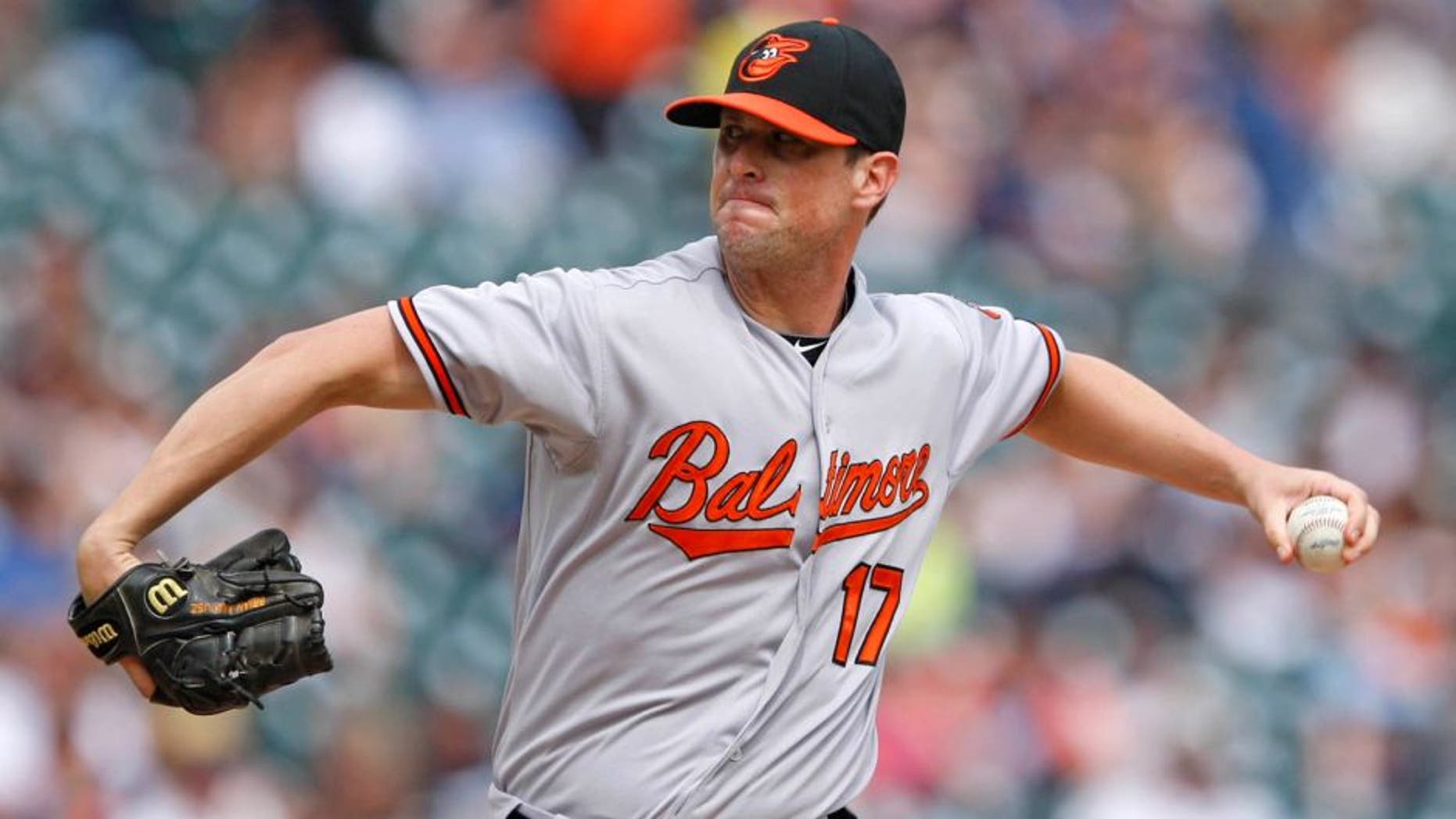 Jul 19, 2015; Detroit, MI, USA; Baltimore Orioles relief pitcher Brian Matusz (17) pitches during the eighth inning against the Detroit Tigers at Comerica Park. Orioles beat the Tigers 9-3. Mandatory Credit: Raj Mehta-USA TODAY Sports