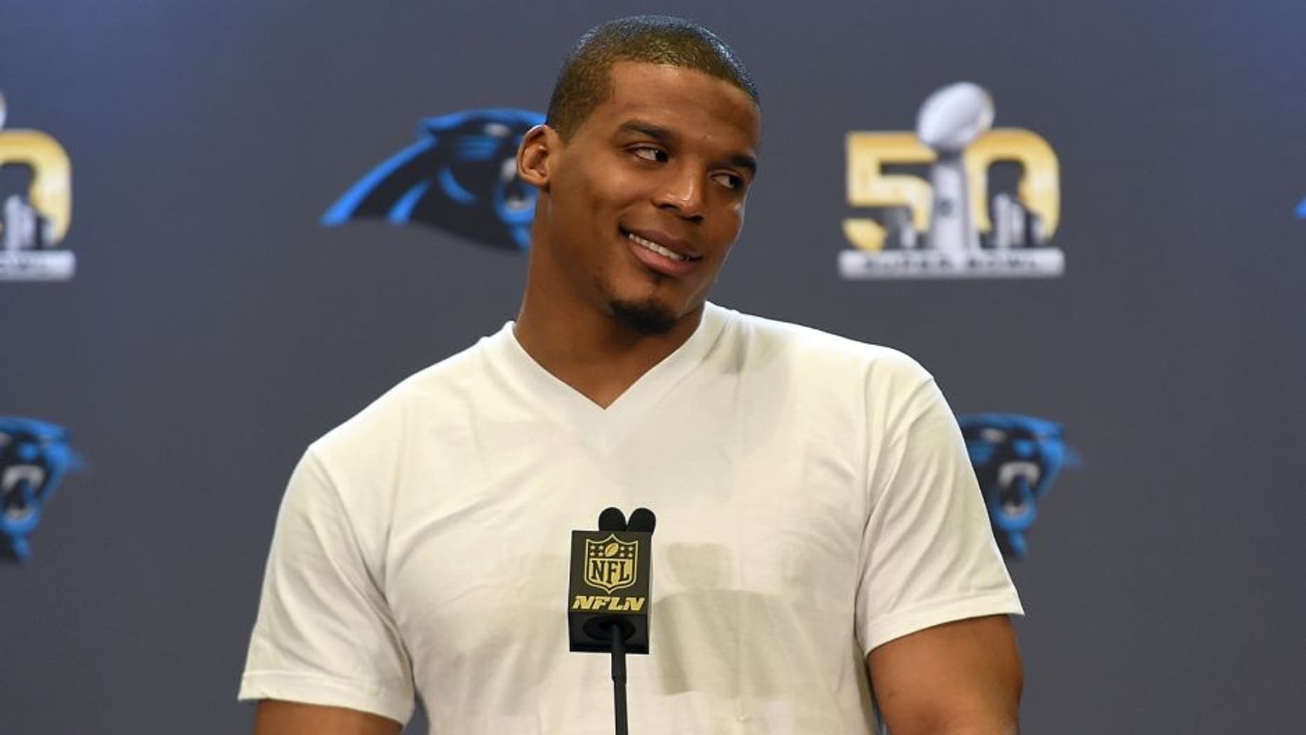 SAN JOSE, CA - FEBRUARY 02: Quarterback Cam Newton #1 of the Carolina Panther addresses the media prior to Super Bowl 50 at the San Jose Convention Center/ San Jose Marriott on February 2, 2016 in San Jose, California. (Photo by Thearon W. Henderson/Getty Images)