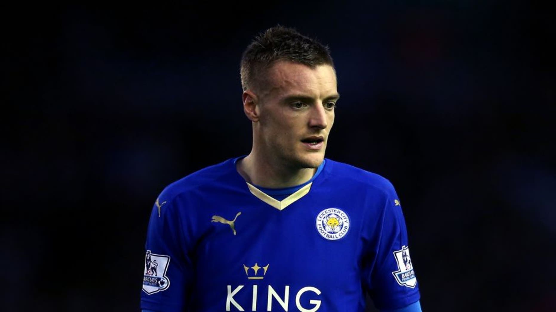 LIVERPOOL, ENGLAND - DECEMBER 26: Jamie Vardy of Leicester City looks on during the Barclays Premier League match between Liverpool and Leicester City at Anfield on December 26, 2015 in Liverpool, England. (Photo by Chris Brunskill/Getty Images)