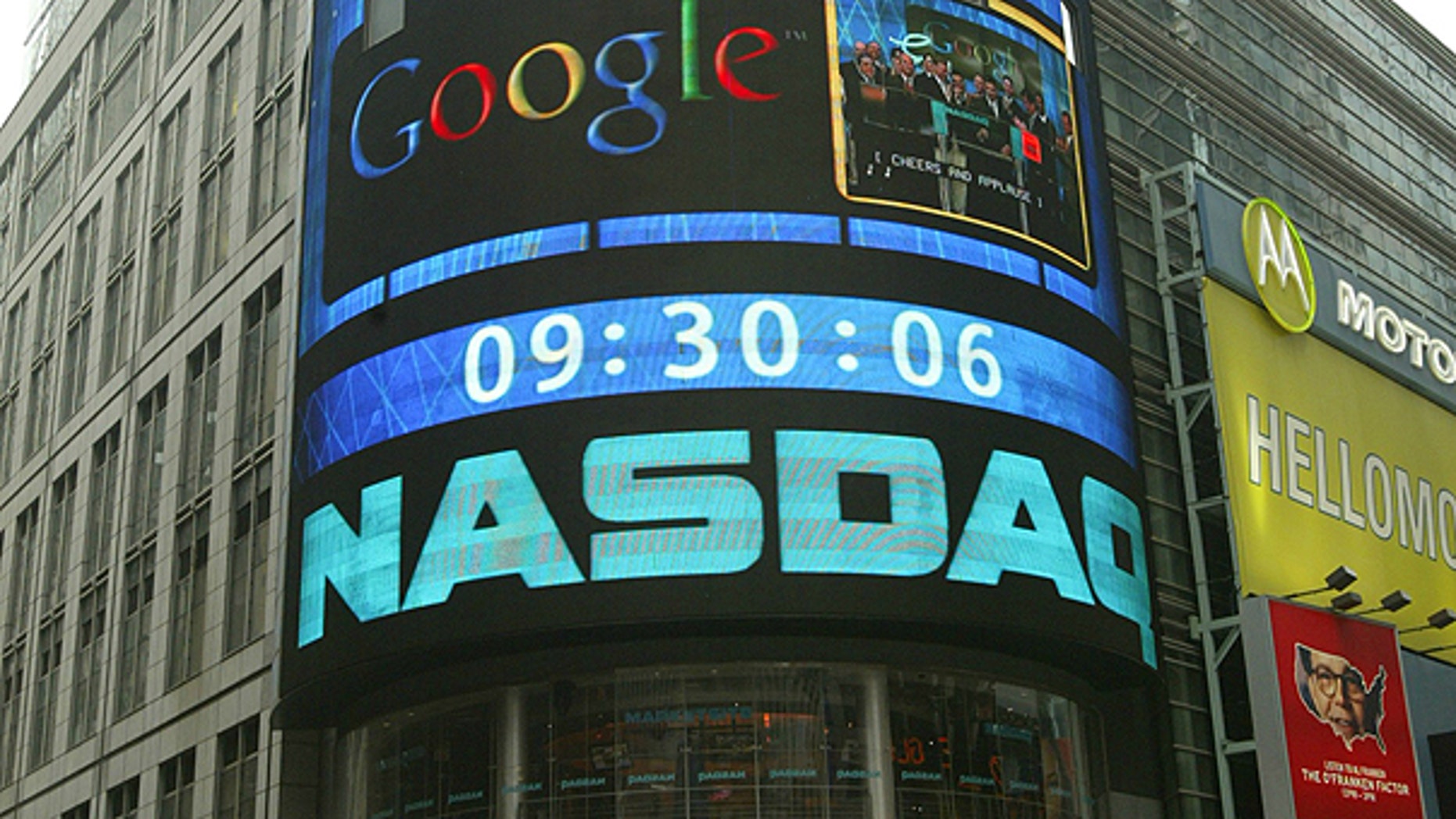The sign outside the NASDAQ Market site is seen in this Aug. 19, 2004 file photo taken in New York.