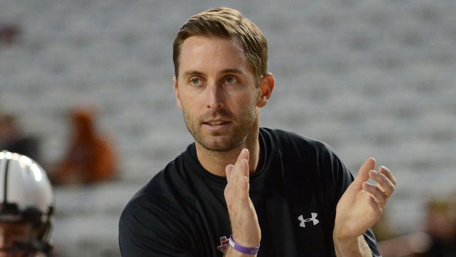 Nov 28, 2013; Austin, TX, USA; Texas Tech Red Raiders head coach Kliff Kingsbury prior to the game against the Texas Longhorns at Darrell K Royal-Texas Memorial Stadium. Mandatory Credit: Brendan Maloney-USA TODAY Sports