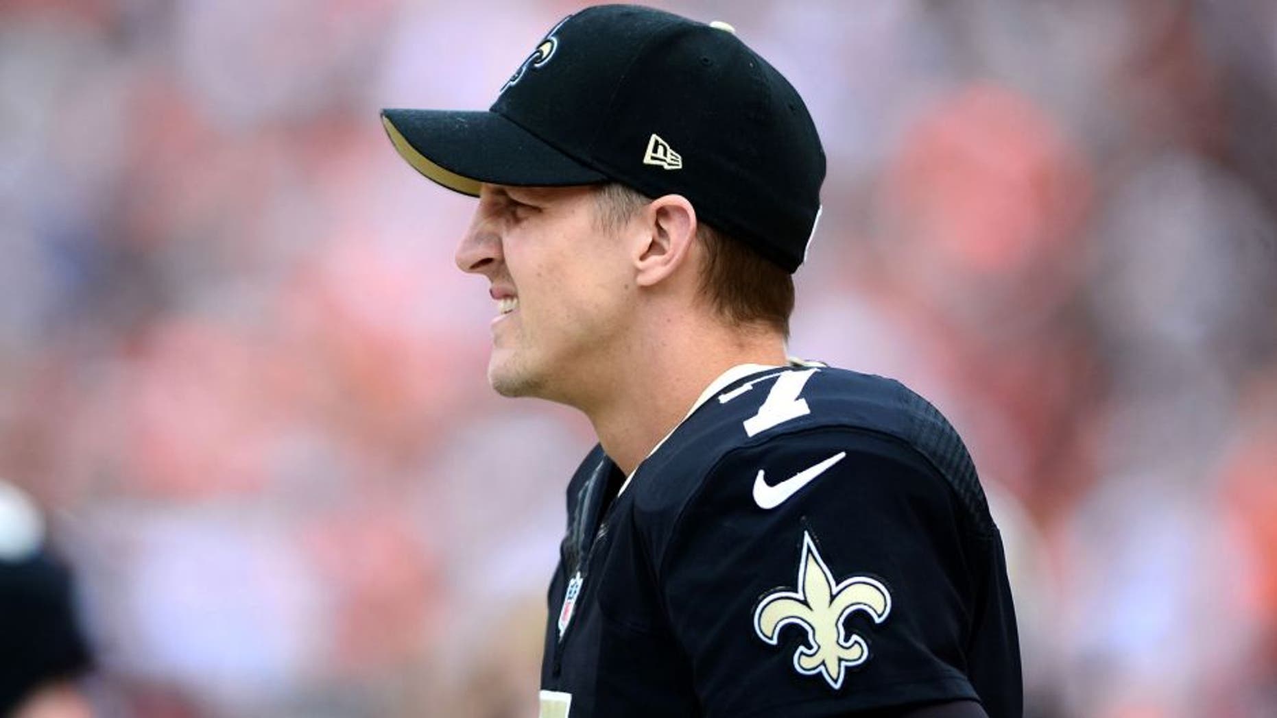 Sep 14, 2014; Cleveland, OH, USA; New Orleans Saints quarterback Luke McCown (7) against the Cleveland Browns at FirstEnergy Stadium. The Browns defeated the Saints 26-24. Mandatory Credit: Andrew Weber-USA TODAY Sports