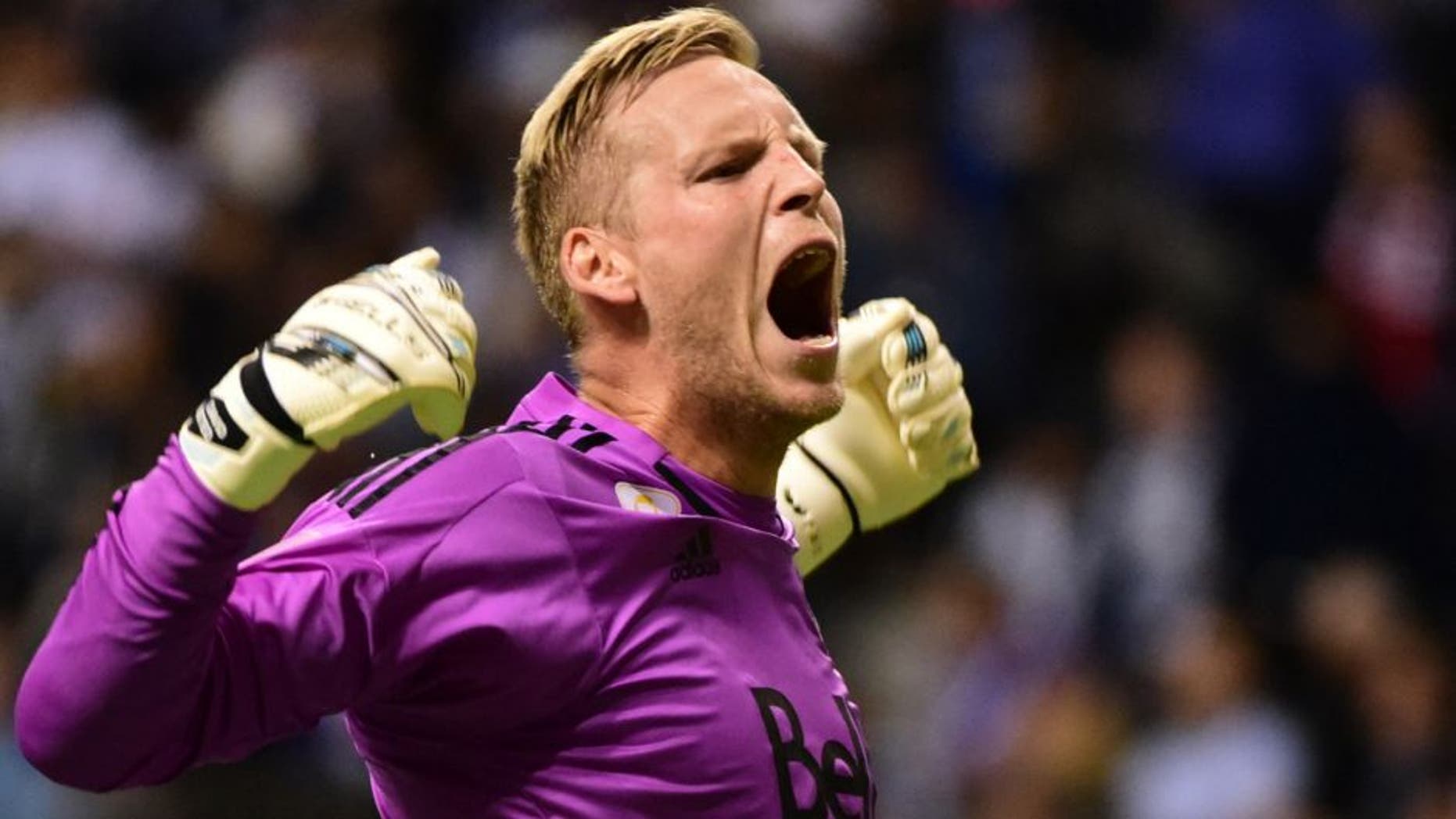 Sep 26, 2015; Vancouver, British Columbia, CAN; Vancouver Whitecaps goalkeeper David Ousted (1) reacts during the first half against the New York City FC at BC Place. Mandatory Credit: Anne-Marie Sorvin-USA TODAY Sports