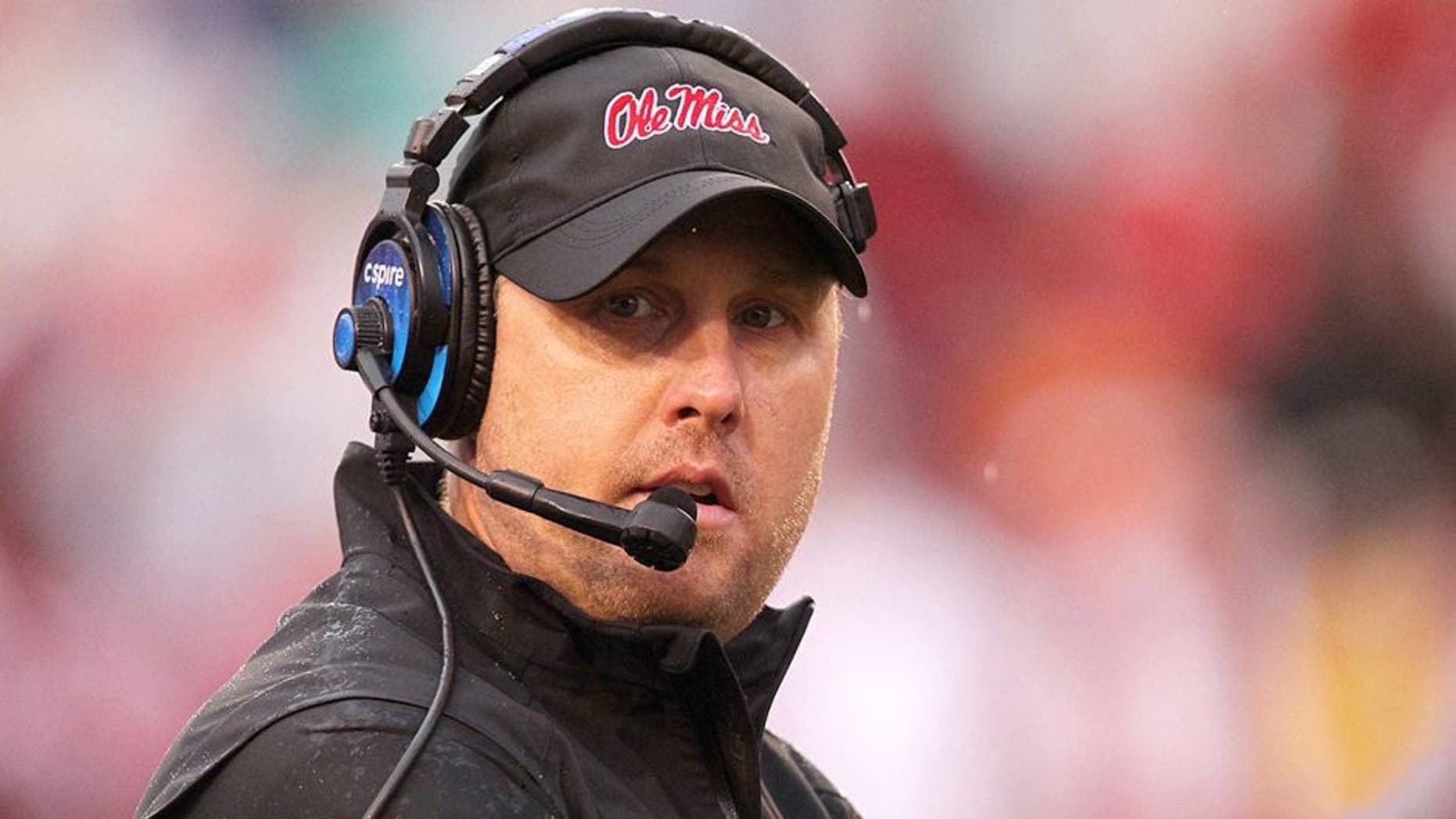 Nov 22, 2014; Fayetteville, AR, USA; Ole Miss Rebels head coach Hugh Freeze during the game against the Arkansas Razorbacks at Donald W. Reynolds Razorback Stadium. Arkansas defeated Mississippi 30-0. Mandatory Credit: Nelson Chenault-USA TODAY Sports