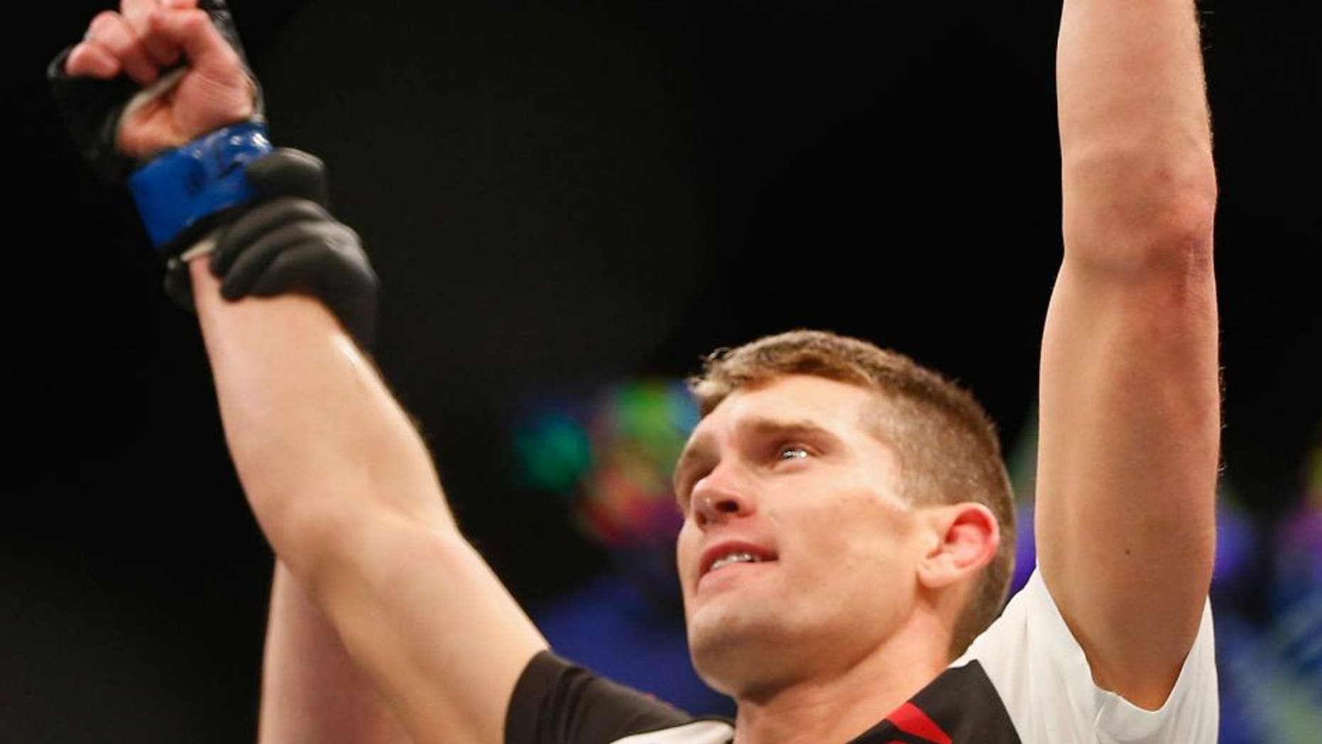 LAS VEGAS, NV - FEBRUARY 06: Stephen Thompson celebrates after defeating Johny Hendricks in their welterweight fight during the UFC Fight Night event at MGM Grand Garden Arena on February 6, 2016 in Las Vegas, Nevada. (Photo by Jamie Squire /Zuffa LLC/Zuffa LLC via Getty Images)