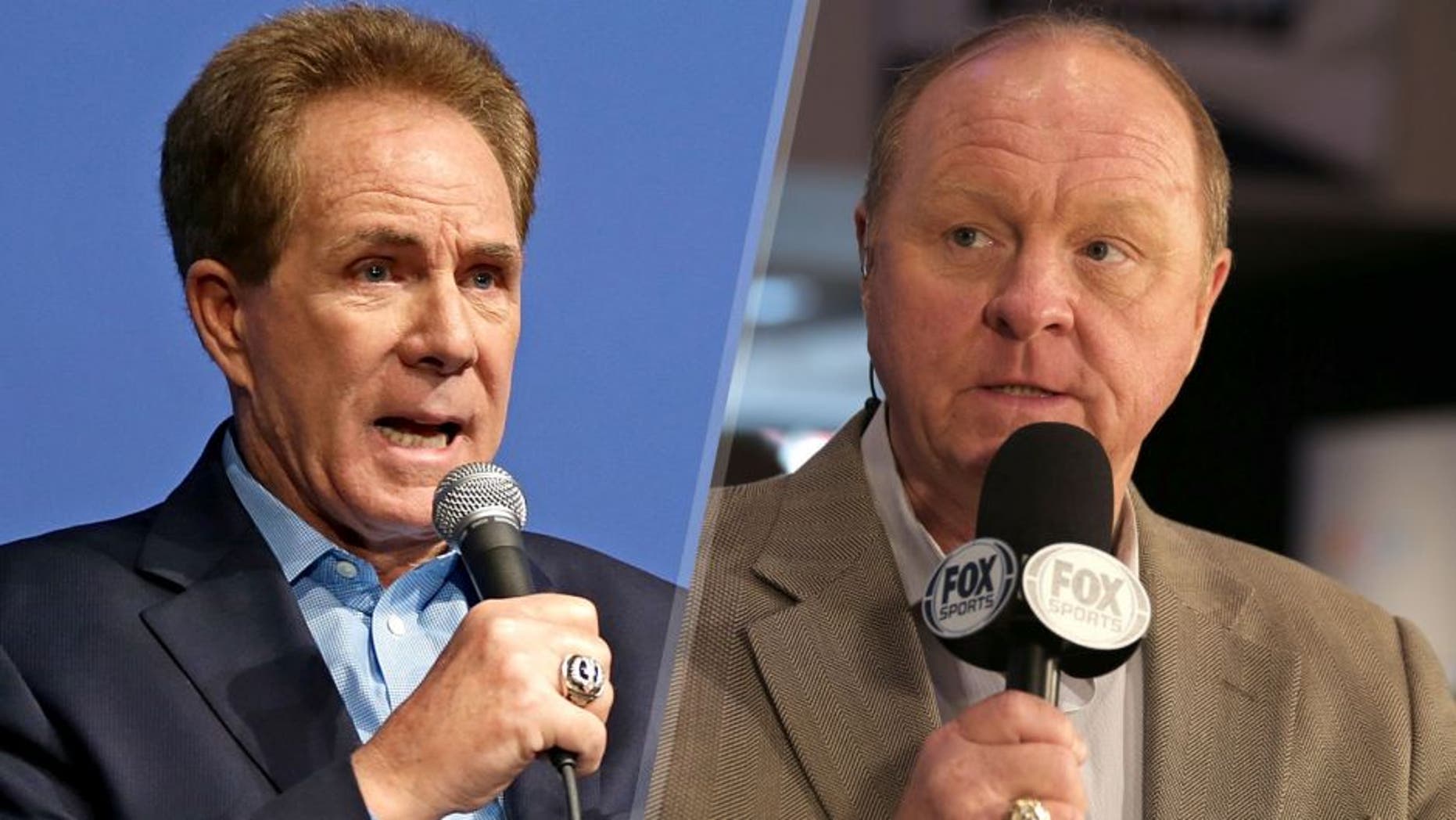 CHARLOTTE, NC - JANUARY 19: Darrell Waltrip makes a point about fellow former NASCAR driver Jeff Gordon leaving the race car for the television booth during the NASCAR 2016 Charlotte Motor Speedway Media Tour on January 19, 2016 in Charlotte, North Carolina. Bob Leverone / NASCAR via Getty Images (Photo by Bob Leverone/NASCAR via Getty Images) USA -Feb 13: Larry McReynolds with Fox Sports conducts an interview during the 2014 NASCAR Media Day at the Daytona International Speedway on Feb 13, 2014 in the United States. (Photo by Jim Fluharty/NASCAR Illustrated/Sporting News via Getty Images)