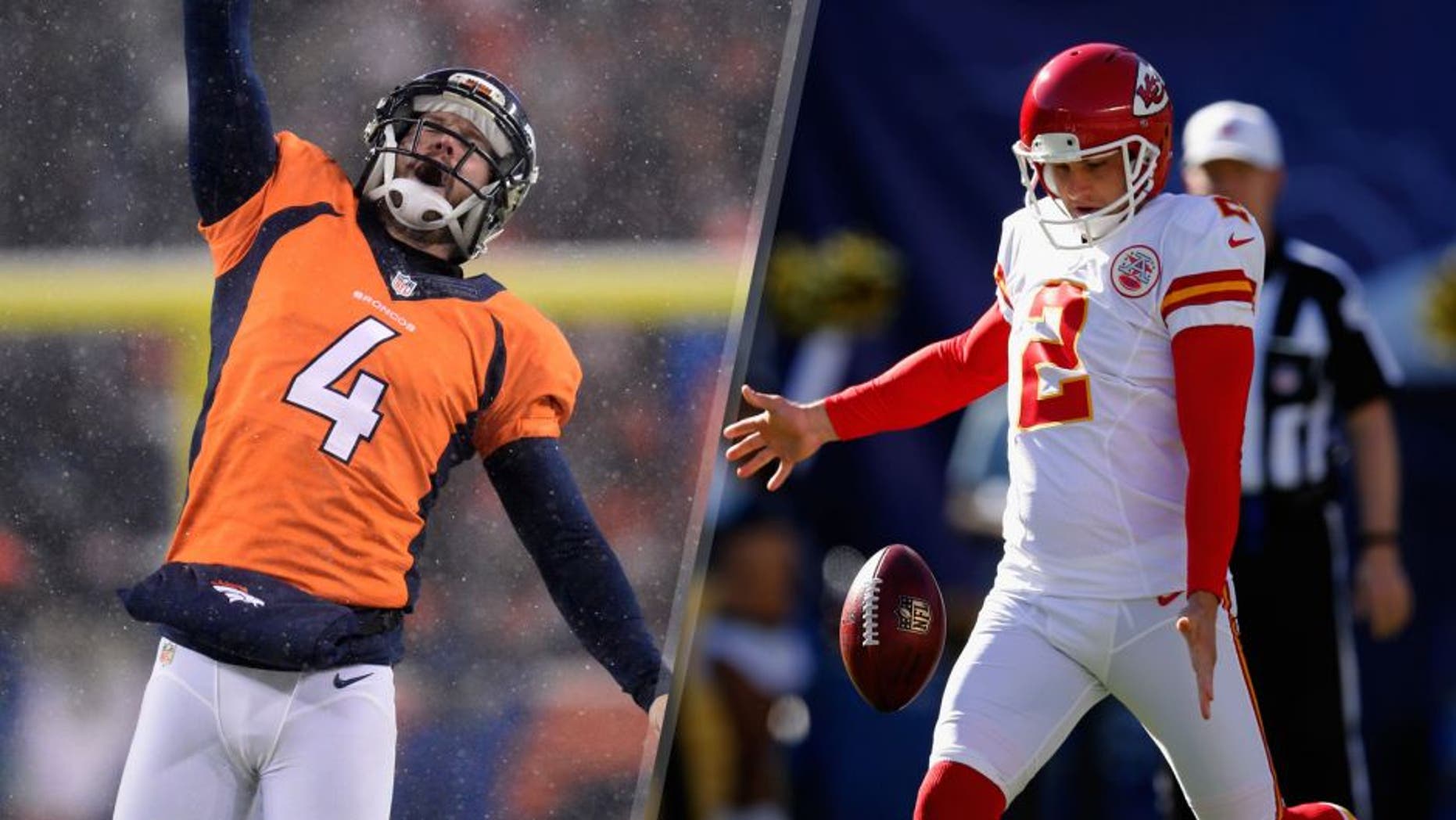 DENVER, CO - JANUARY 17: Brandon McManus #8 of the Denver Broncos kicks a 51 yard field goal as Britton Colquitt #4 holds against the Pittsburgh Steelers at the end of the first half during the AFC Divisional Playoff Game at Sports Authority Field at Mile High on January 17, 2016 in Denver, Colorado. (Photo by Dustin Bradford/Getty Images) SAN DIEGO, CA - NOVEMBER 22: Dustin Colquitt #2 of the Kansas City Chiefs punts the ball during the first half of a game against the San Diego Chargers at Qualcomm Stadium on November 22, 2015 in San Diego, California. (Photo by Sean M. Haffey/Getty Images)
