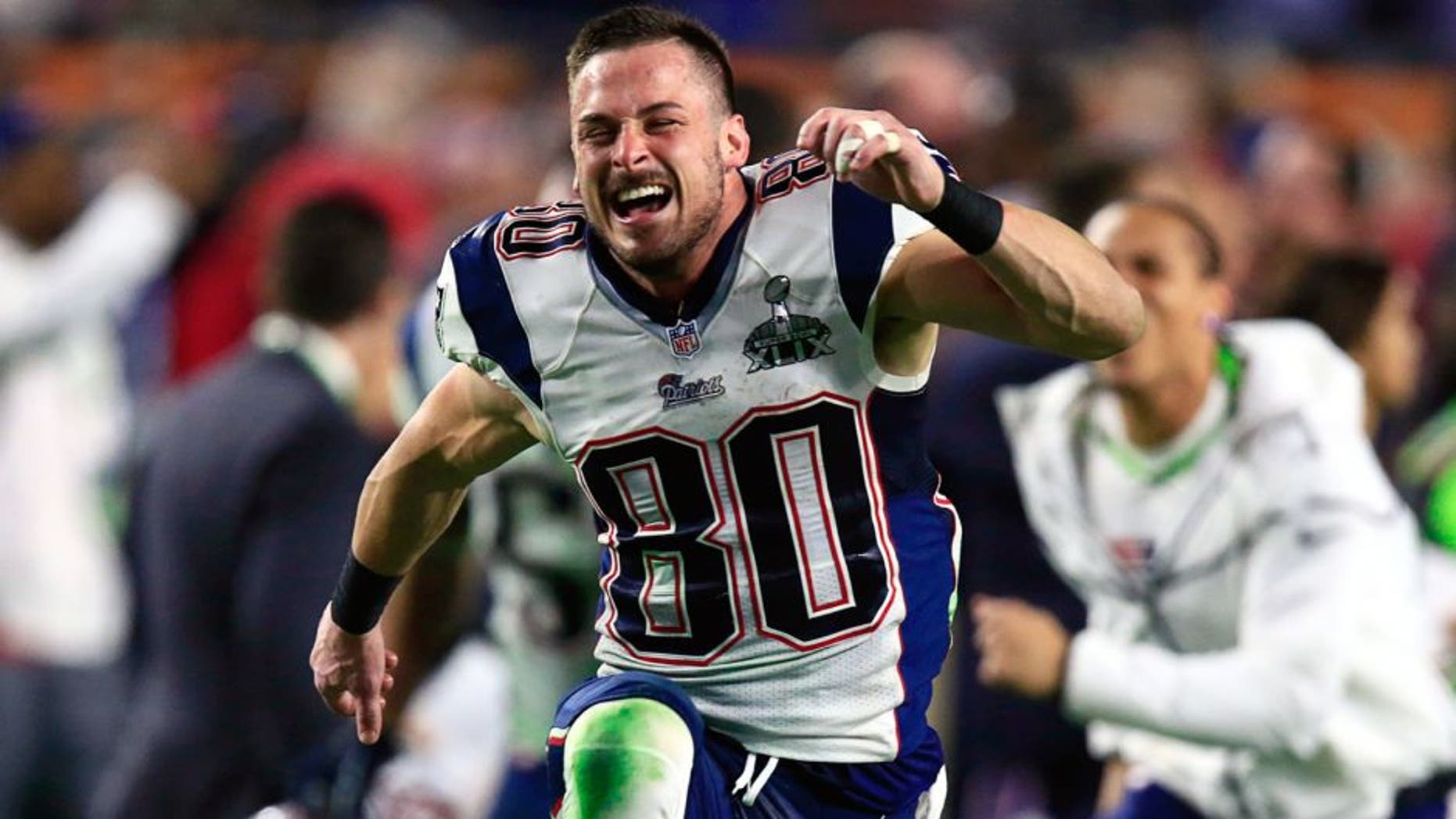 Feb 1, 2015; Glendale, AZ, USA; New England Patriots wide receiver Danny Amendola (80) celebrates their victory over the Seattle Seahawks 28-24 in Super Bowl XLIX at University of Phoenix Stadium. Mandatory Credit: Andrew Weber-USA TODAY Sports