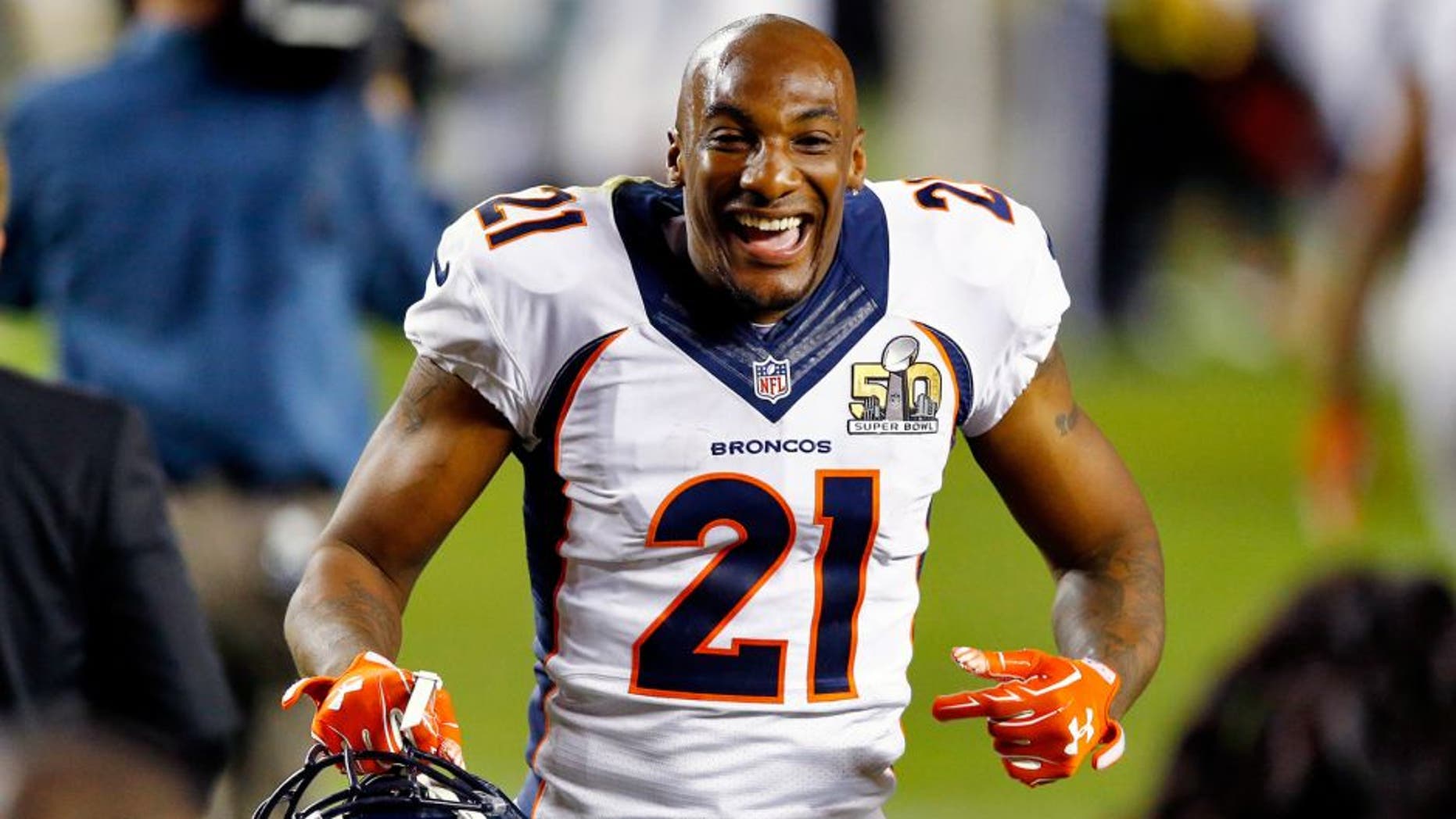 SANTA CLARA, CA - FEBRUARY 07: Aqib Talib #21 of the Denver Broncos celebrates after defeating the Carolina Panthers during Super Bowl 50 at Levi's Stadium on February 7, 2016 in Santa Clara, California. The Broncos defeated the Panthers 24-10. (Photo by Al Bello/Getty Images)