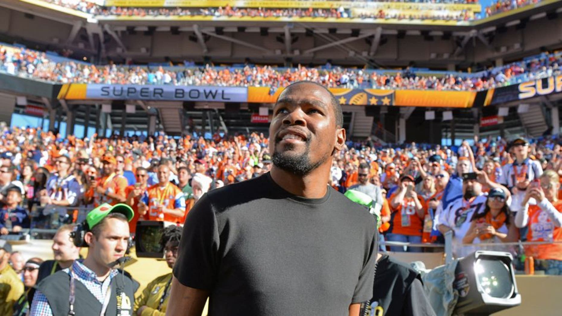 Feb 7, 2016; Santa Clara, CA, USA; Oklahoma City Thunder forward Kevin Durant at Super Bowl 50 between the Carolina Panthers and the Denver Broncos at Levi's Stadium. Mandatory Credit: Robert Deutsch-USA TODAY Sports