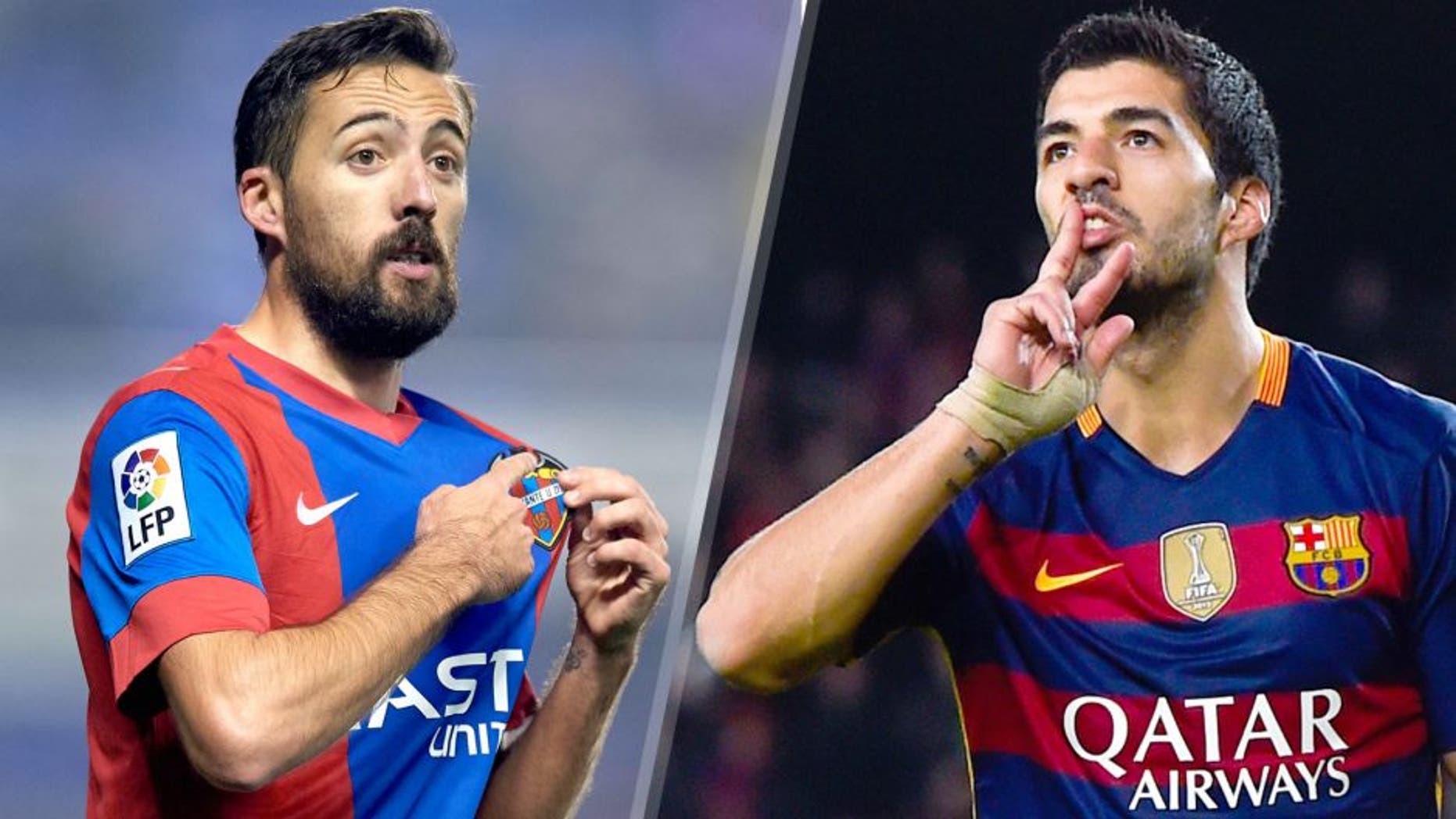 L - VALENCIA, SPAIN - JANUARY 25: Jose luis Morales of Levante celebrates scoring his team's third goal during the La Liga match between Levante UD and UD Las Palmas at Ciutat de Valencia Stadium on January 25, 2016 in Valencia, Spain. (Photo by Manuel Queimadelos Alonso/Getty Images) R - BARCELONA, SPAIN - FEBRUARY 03: Luis Suarez of FC Barcelona celebrates after scoring his team's seventh goal during the Copa del Rey Semi Final first leg match between FC Barcelona and Valencia at Nou Camp on February 3, 2016 in Barcelona, Spain. (Photo by David Ramos/Getty Images)
