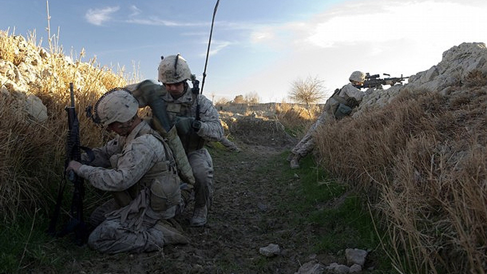 Feb. 8: U.S. Marines from 1st Battalion, 8th Marines, Bravo company patrol around Mirage patrol base, Musa Qala District, in Afghanistan's Helmand province.