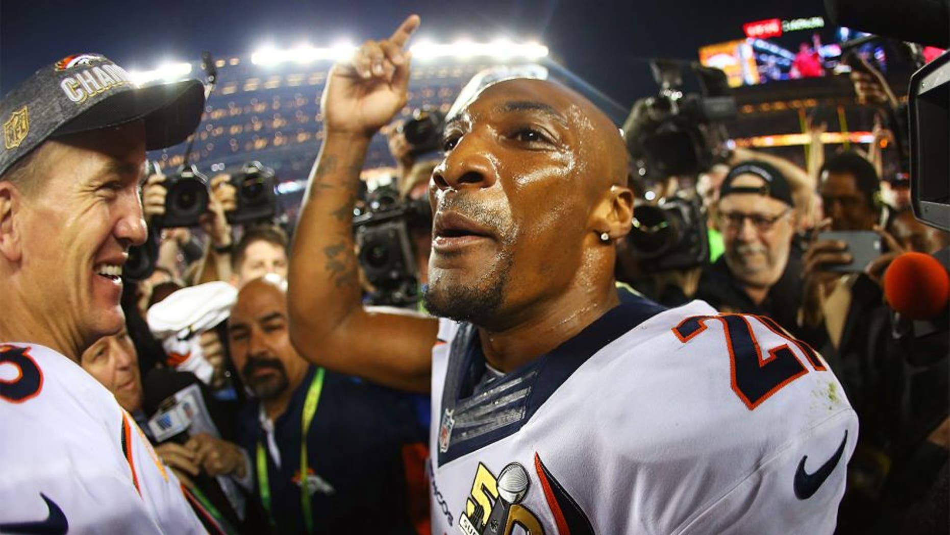 SANTA CLARA, CA - FEBRUARY 07: Aqib Talib #21 of the Denver Broncos celebrates after defeating the Carolina Panthers during Super Bowl 50 at Levi's Stadium on February 7, 2016 in Santa Clara, California. The Broncos defeated the Panthers 24-10. (Photo by Ronald Martinez/Getty Images)