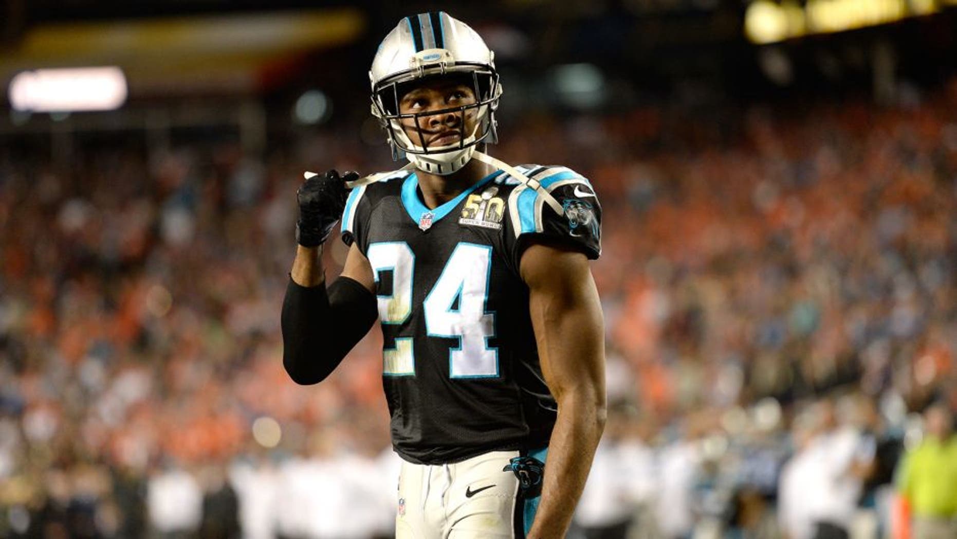 SANTA CLARA, CA - FEBRUARY 07: Josh Norman (24) of the Carolina Panthers yanks at his chin strap after the Broncos score a touchdown in the fourth quarter. The Denver Broncos played the Carolina Panthers in Super Bowl 50 at Levi's Stadium in Santa Clara, Calif. on February 7, 2016. (Photo by AAron Ontiveroz/The Denver Post via Getty Images)