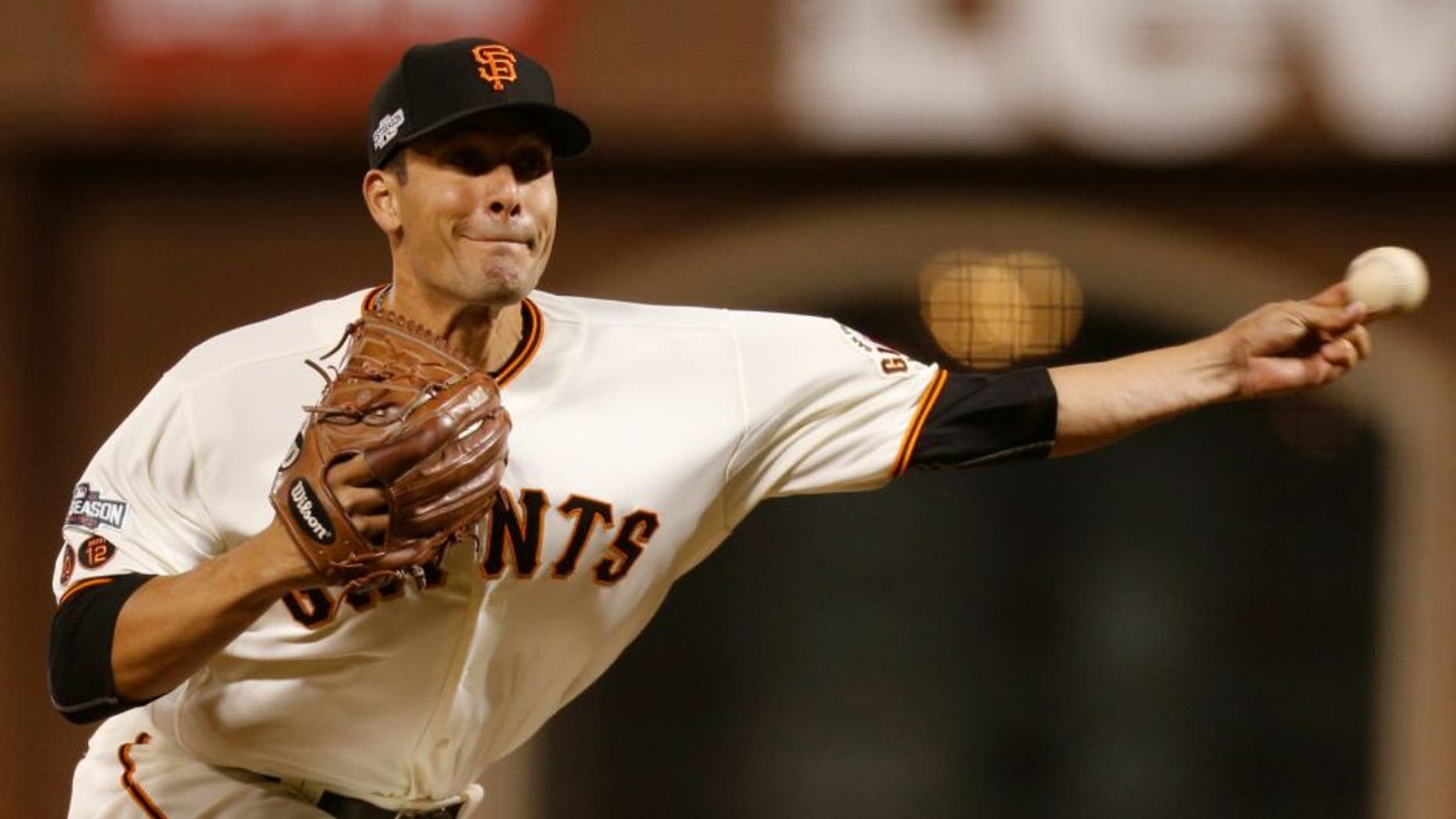 Oct 11, 2016; San Francisco, CA, USA; San Francisco Giants relief pitcher Javier Lopez (49) delivers a pitch during the ninth inning of game four of the 2016 NLDS playoff baseball game against the Chicago Cubs at AT&T Park. Mandatory Credit: John Hefti-USA TODAY Sports