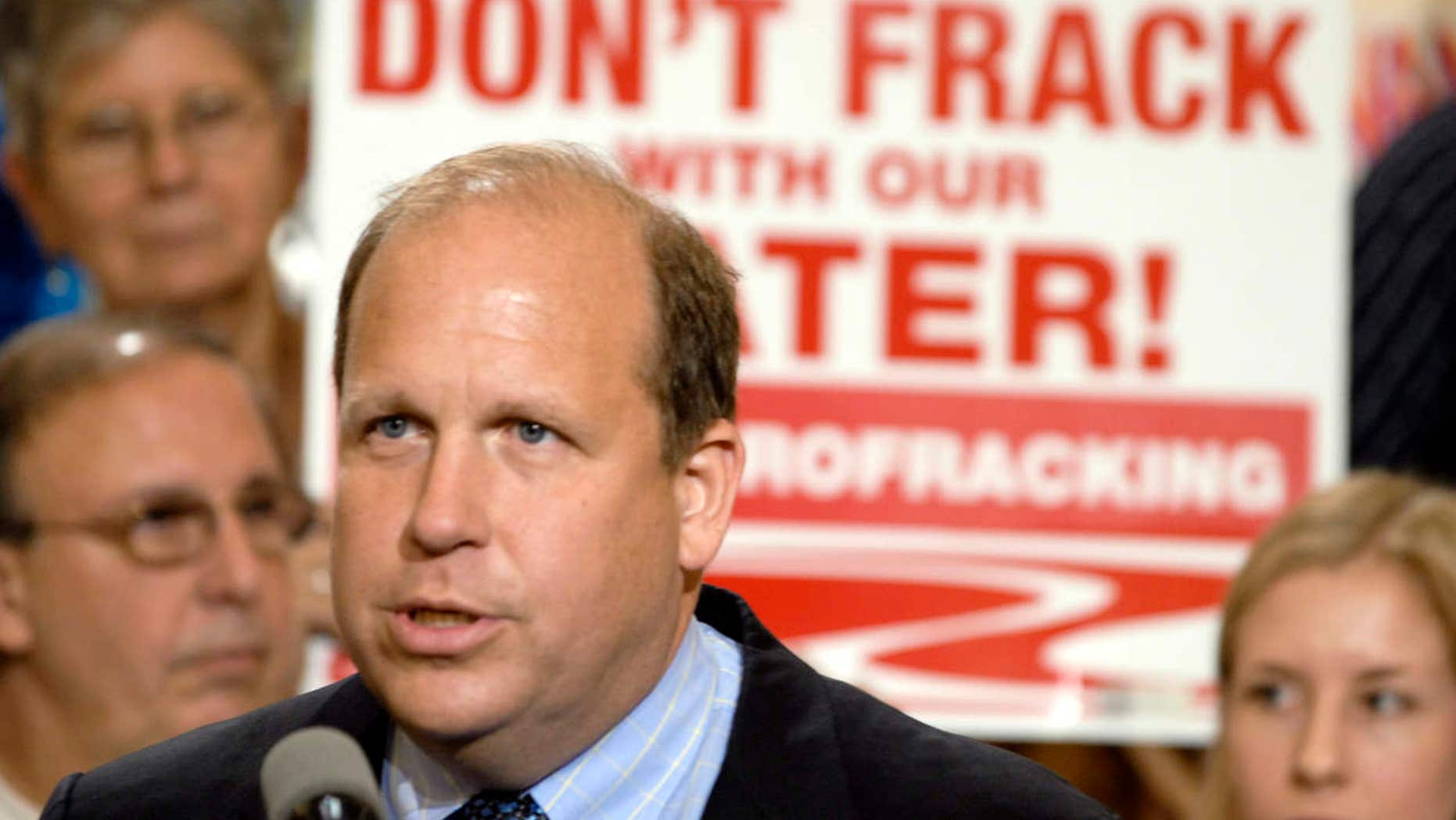 FILE - In this June 7, 2011, file photo, state Sen. Daylin Leach, D-Montgomery, addresses a host of environmental and community groups gathered for a rally in the state capitol against gas drilling in the Marcellus Shale natural gas formation in Harrisburg, Pa.