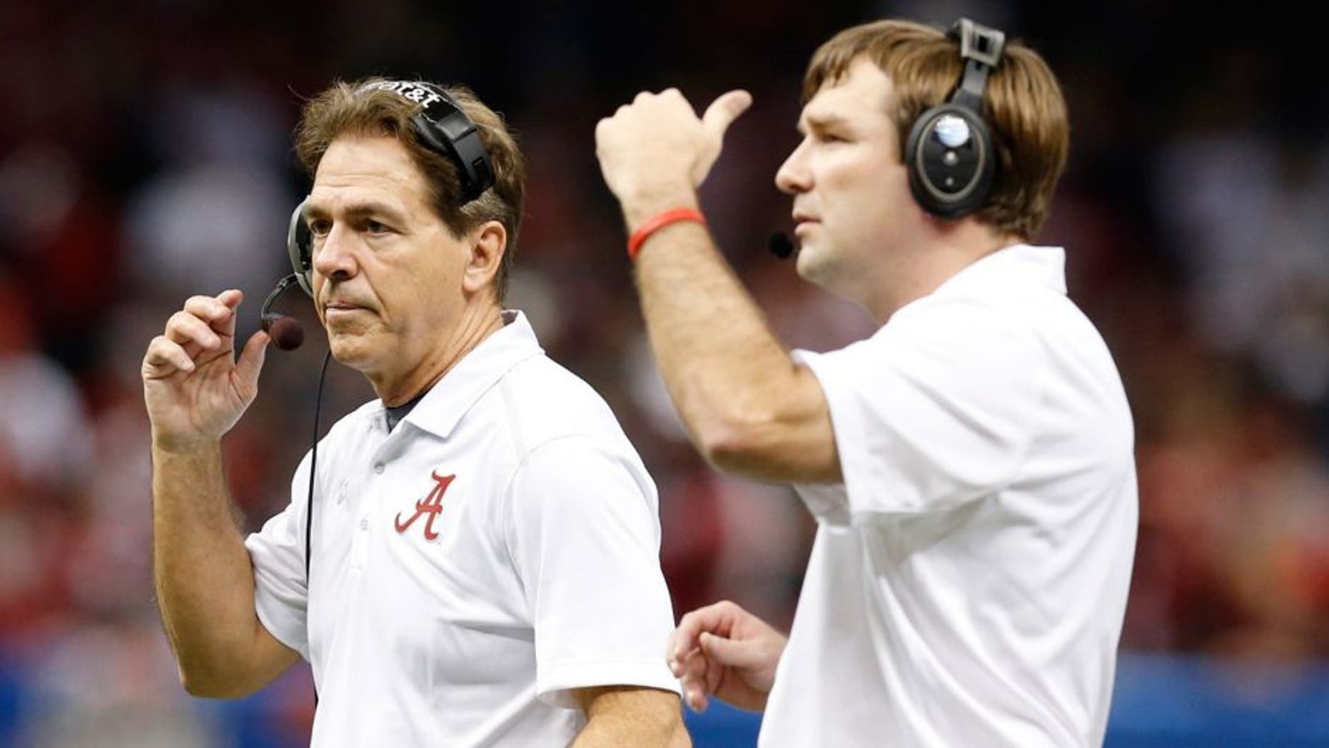 Jan 1, 2015; New Orleans, LA, USA; Alabama Crimson Tide head coach Nick Saban and defensive coordinator Kirby Smart (right) on the sidelines against the Ohio State Buckeyes in the 2015 Sugar Bowl at Mercedes-Benz Superdome. Mandatory Credit: Matthew Emmons-USA TODAY Sports